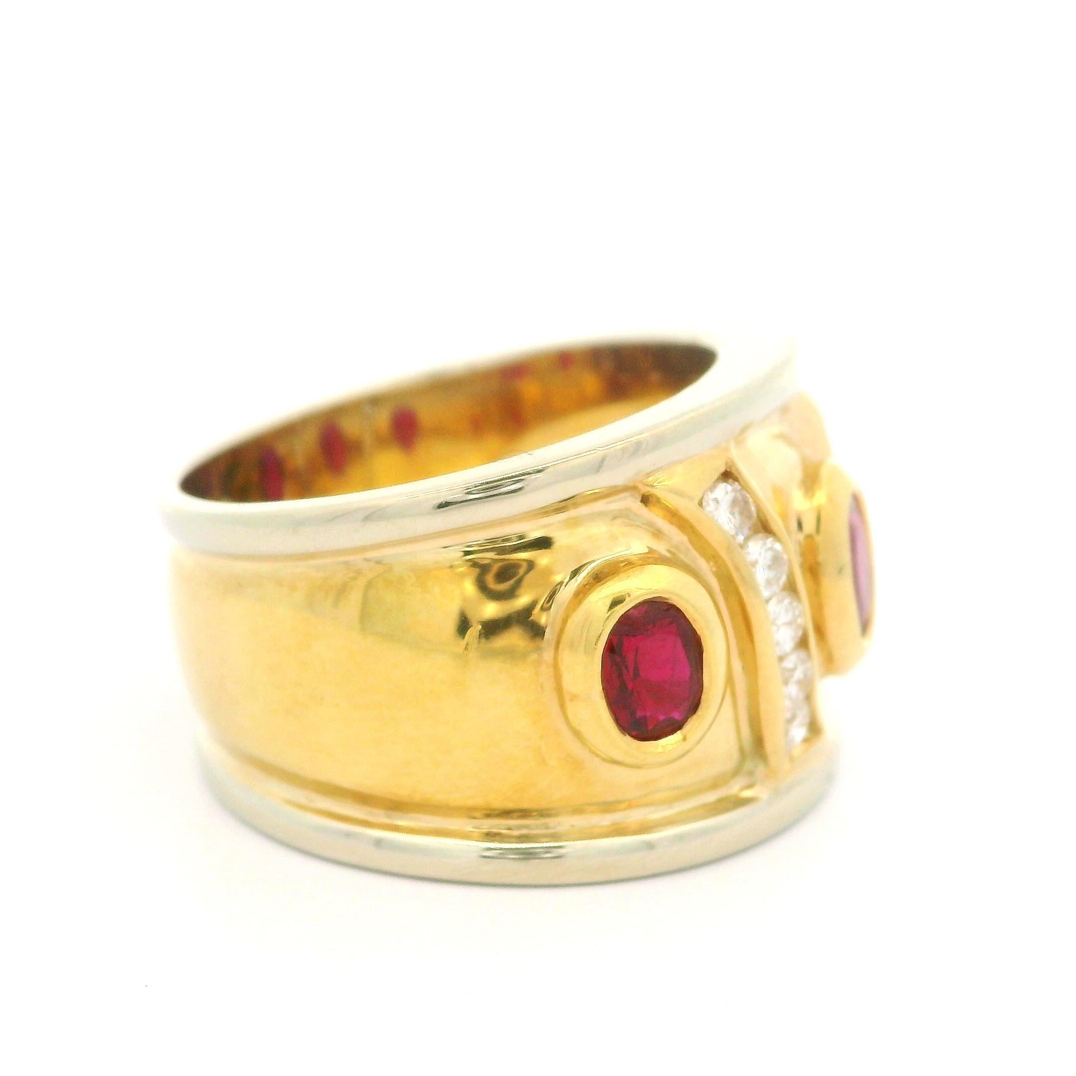 18k Two Tone Gold 1.60ctw Bezel Oval Ruby & Diamond 14.9mm Wide Band Ring For Sale 3