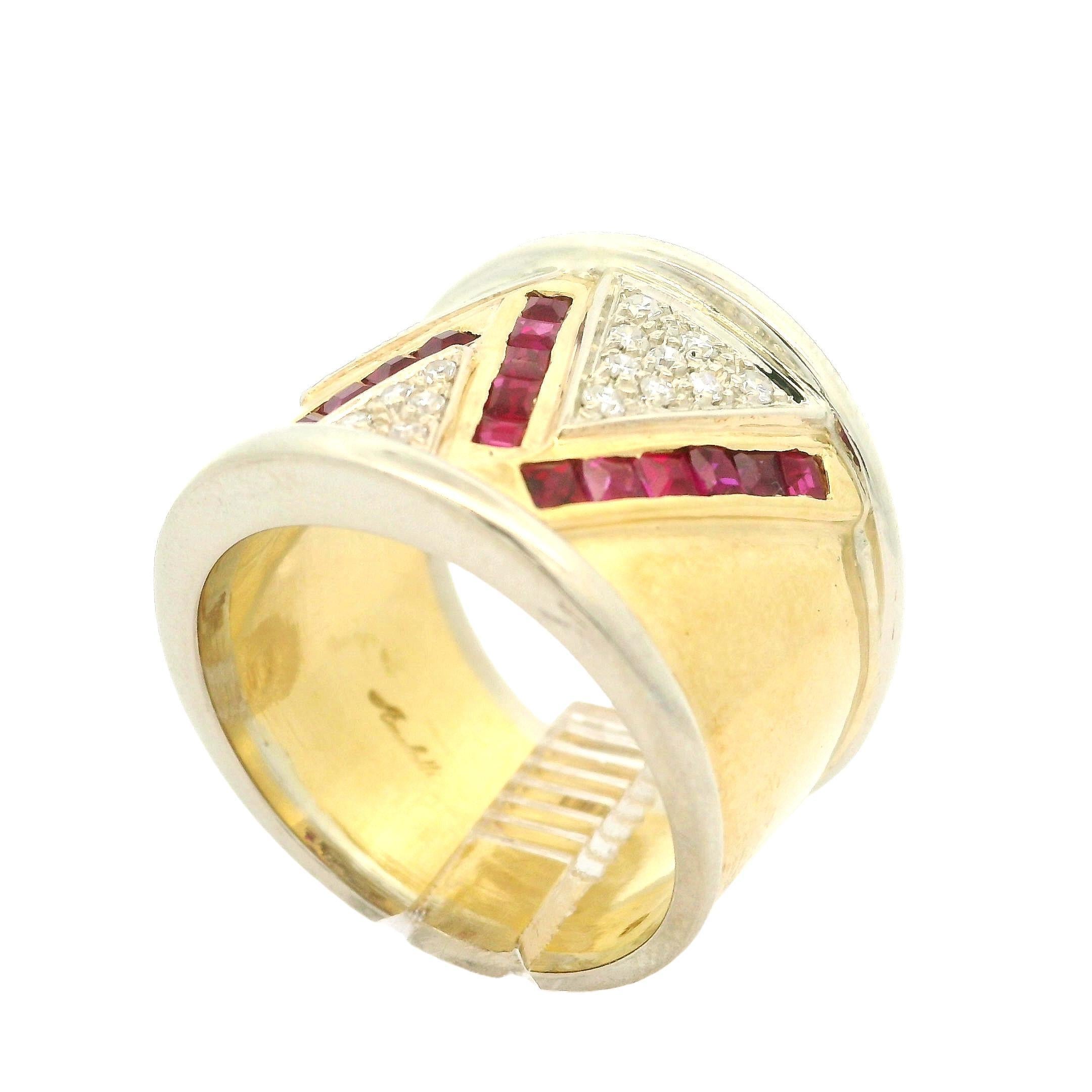 Bague à large bande en or bicolore 18k 1,61ctw rubis et diamants Zig Zag Design en vente 3