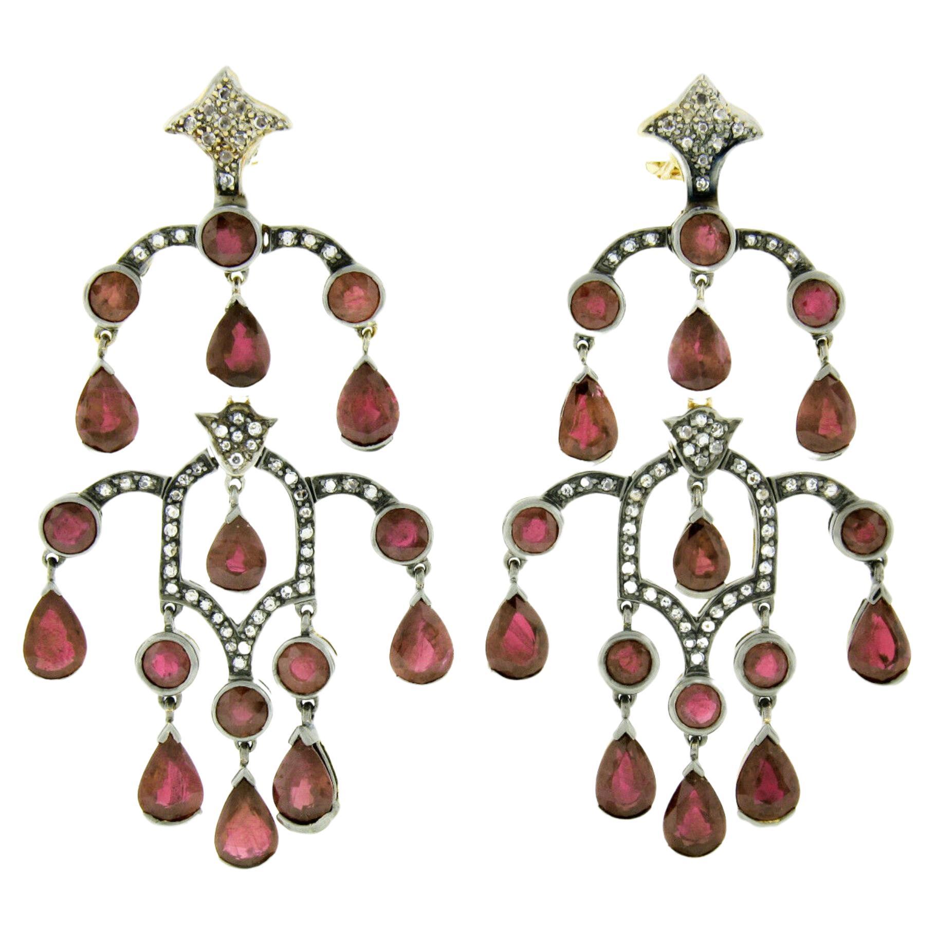 18k Two Tone Gold 17.48ct GIA Pear Ruby & Diamond Large Drop Chandelier Earrings For Sale