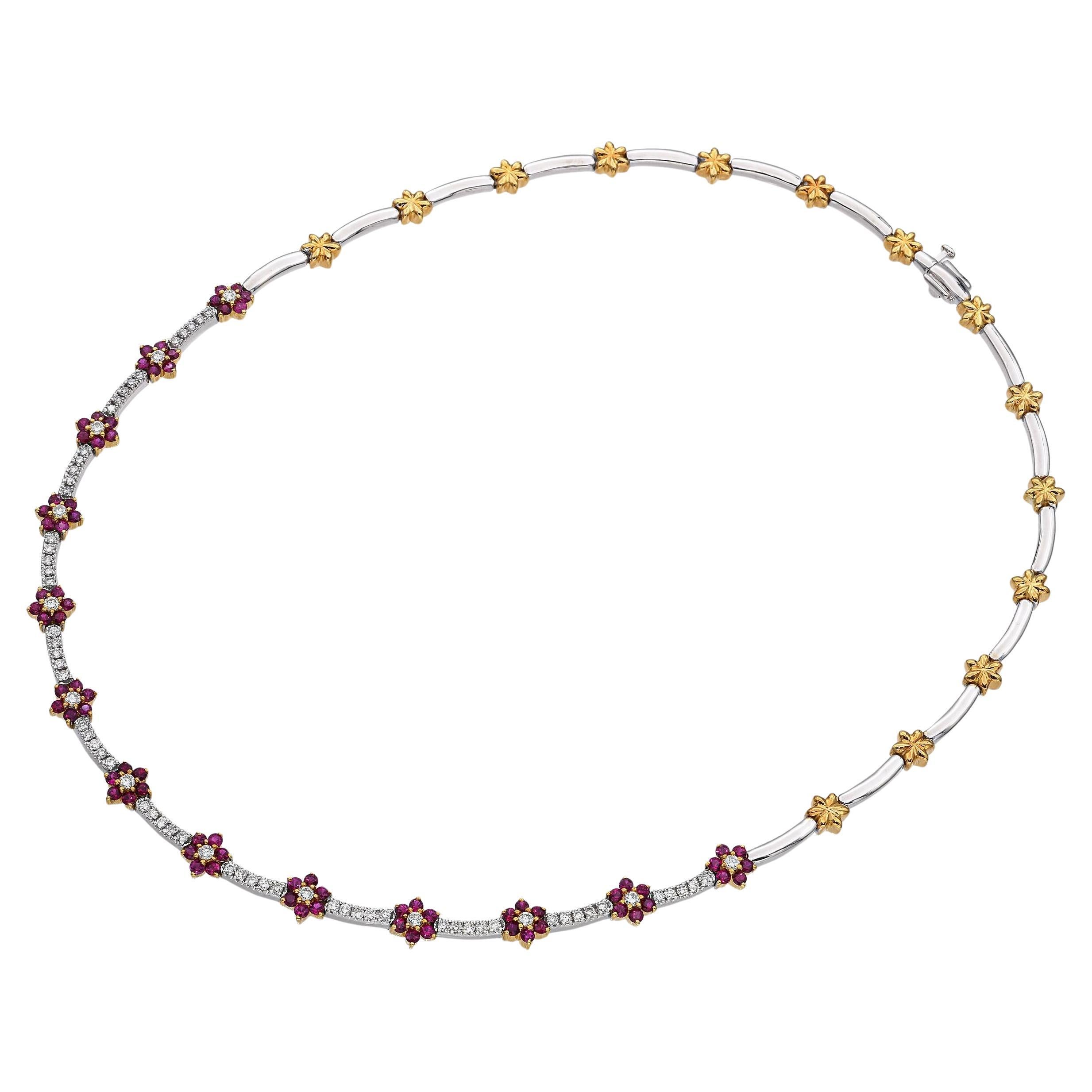 18k Two-Tone Gold 2.34tcw Ruby and 1.98tcw Diamond Floral Necklace For Sale