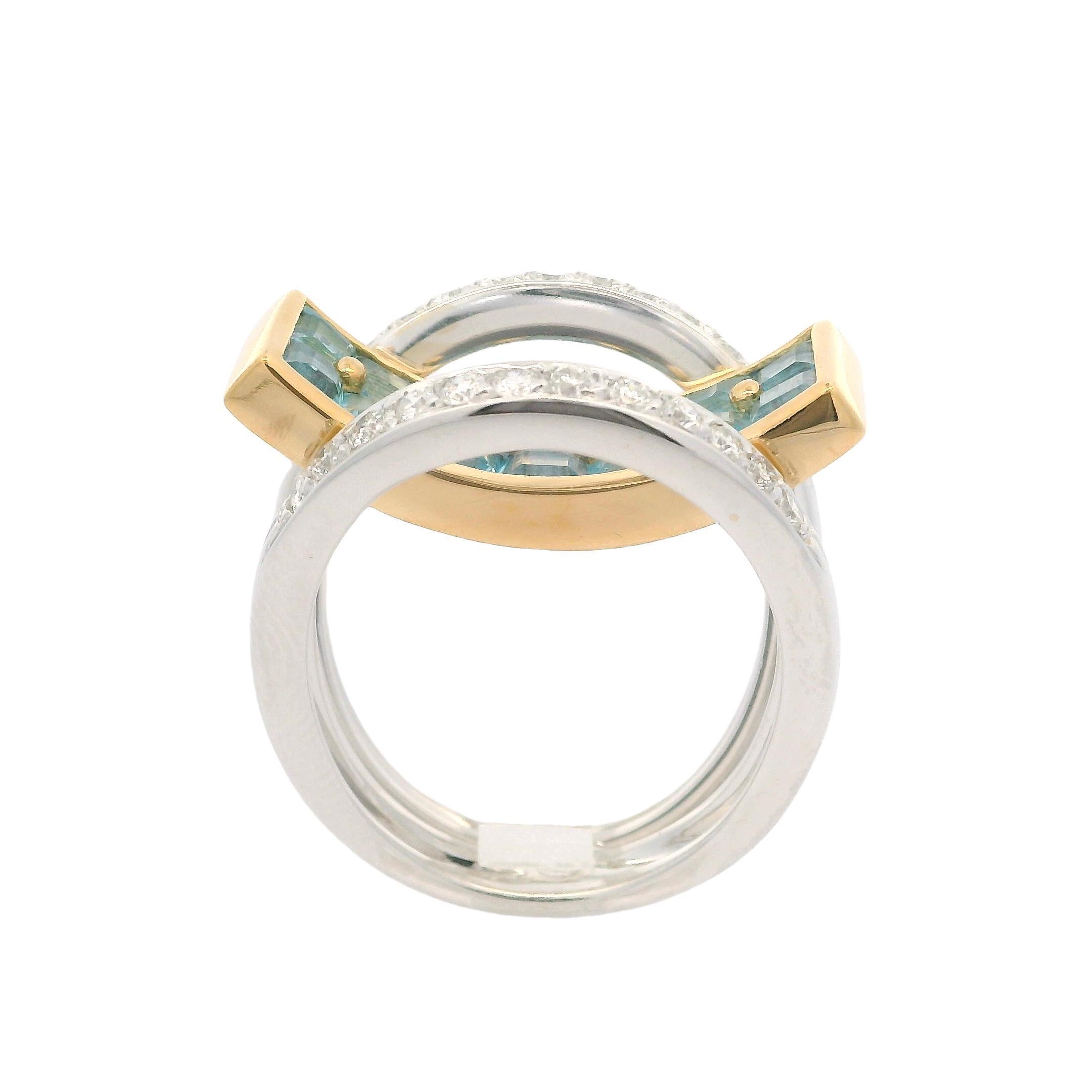 18 Karat zweifarbiges Gold 2,48 Karat Blauer Topas & Diamant Moderner konkaver geometrischer Ring im Angebot 5