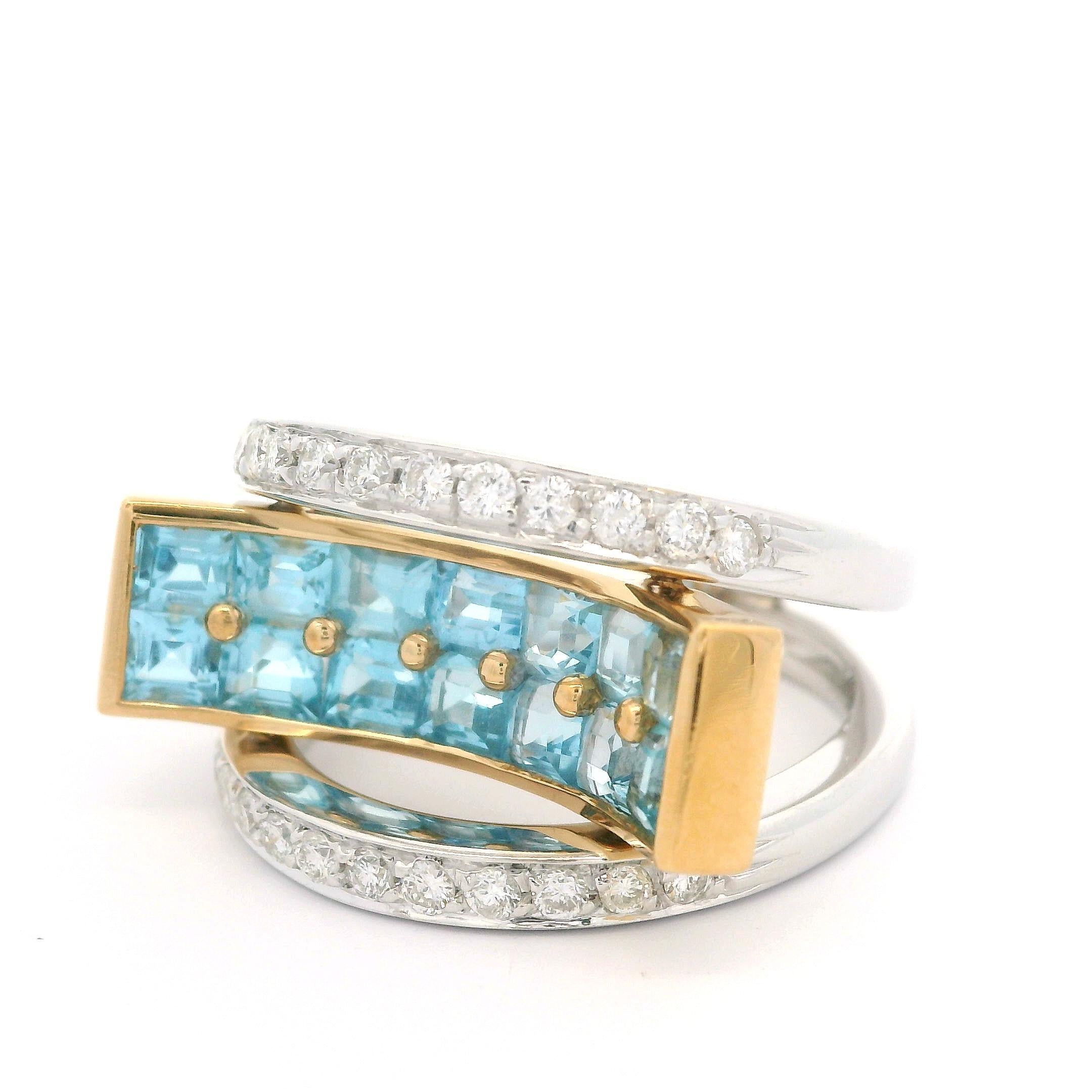 18 Karat zweifarbiges Gold 2,48 Karat Blauer Topas & Diamant Moderner konkaver geometrischer Ring im Angebot 6