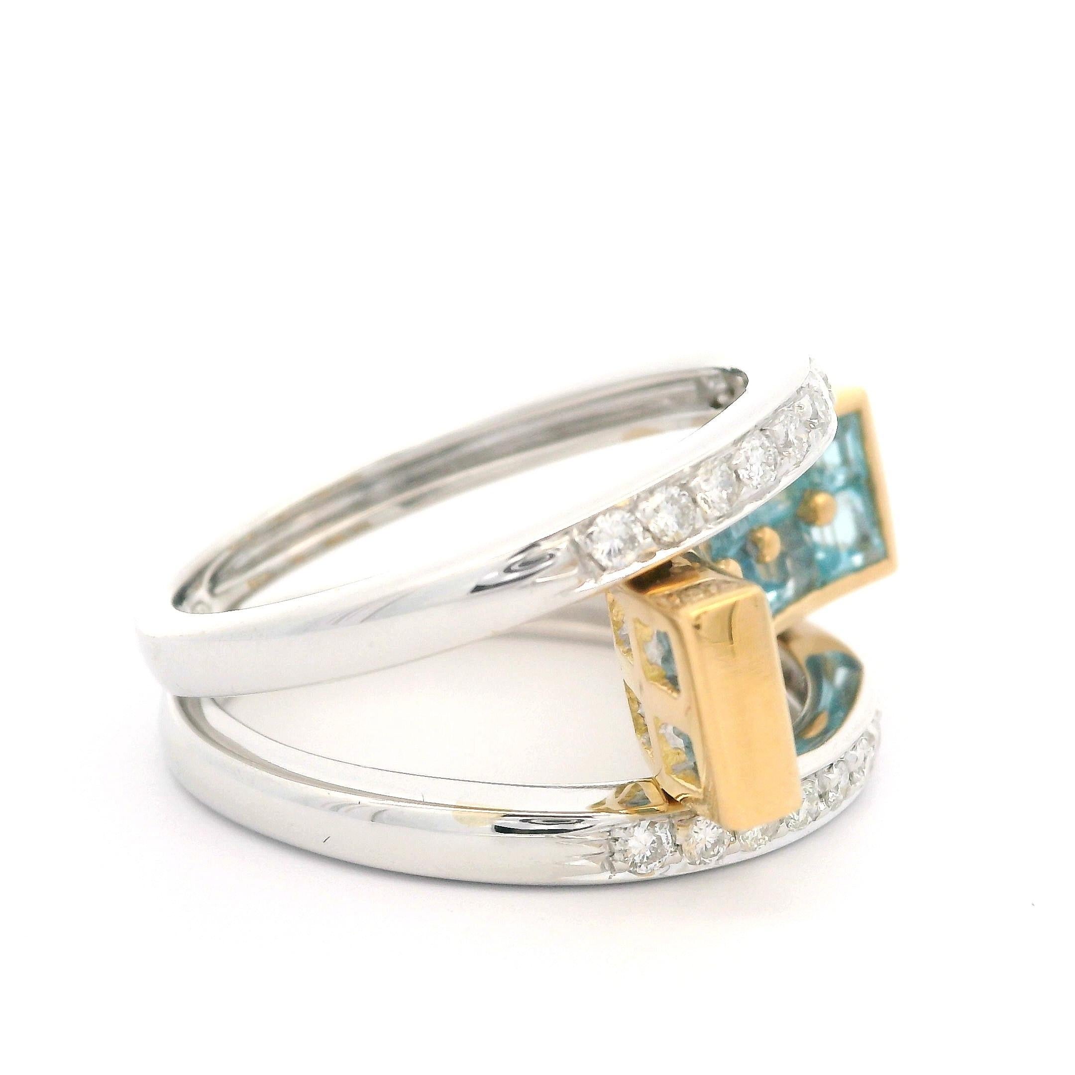 18 Karat zweifarbiges Gold 2,48 Karat Blauer Topas & Diamant Moderner konkaver geometrischer Ring im Angebot 7