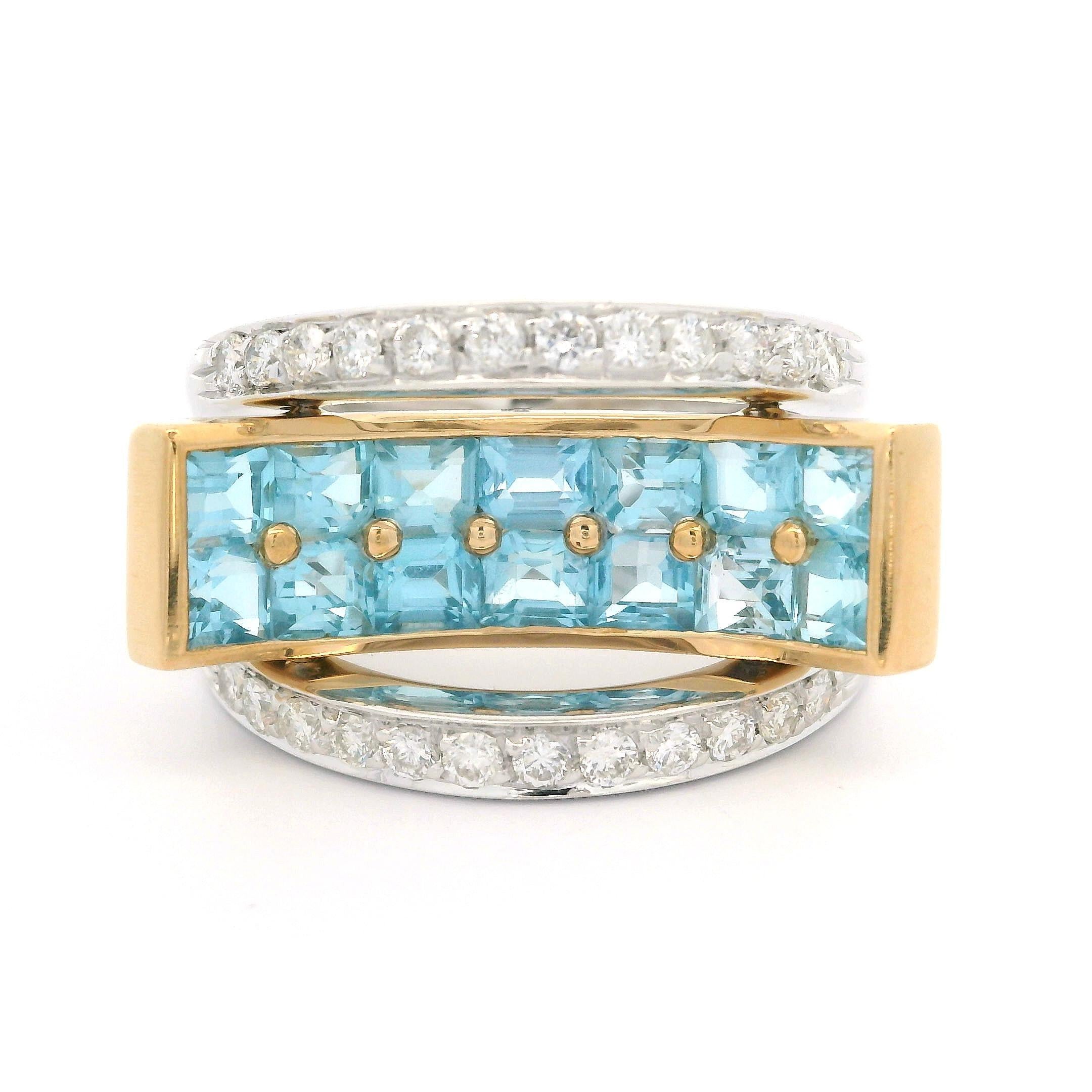 18 Karat zweifarbiges Gold 2,48 Karat Blauer Topas & Diamant Moderner konkaver geometrischer Ring im Angebot 8