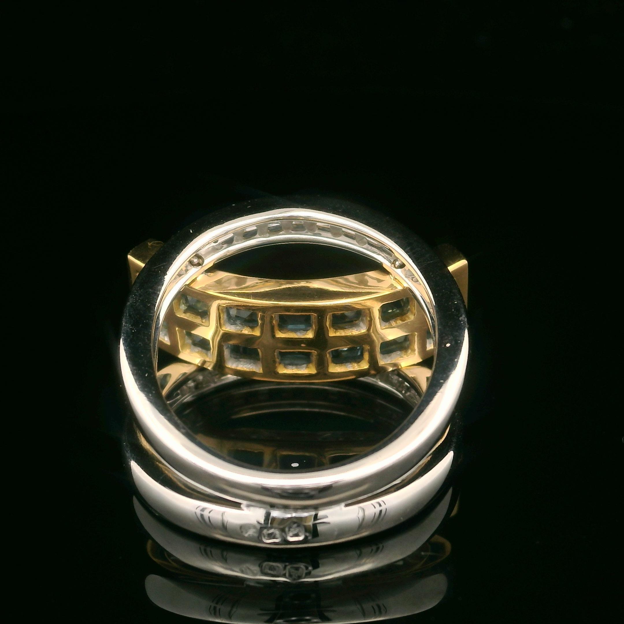 --Stein(e):--
(14) Natürlicher echter Topas - quadratischer Stufenschliff - Kanal- und Zackenfassung - hellblaue Farbe - 2,0ct (ca.)
(24) Natürliche Echte Diamanten - Runder Brillantschliff - Pave Set - VS2-SI2 Reinheit - G/H Farbe -