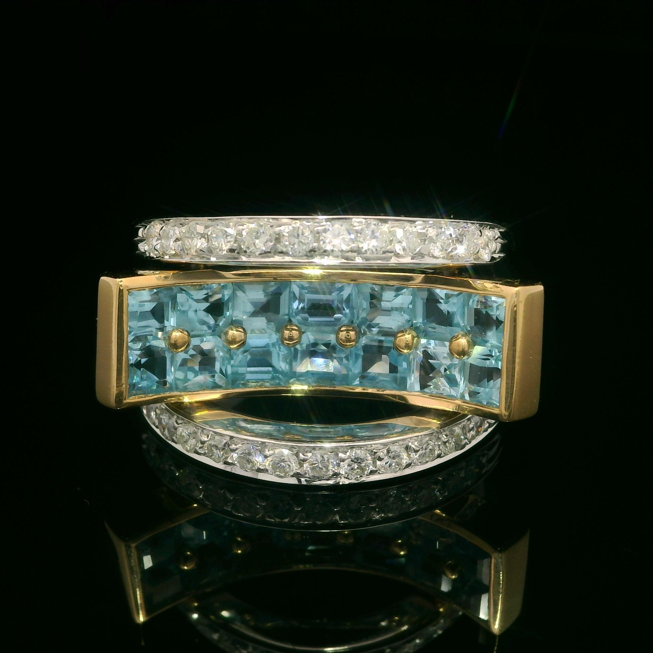 18 Karat zweifarbiges Gold 2,48 Karat Blauer Topas & Diamant Moderner konkaver geometrischer Ring (Carréeschliff) im Angebot