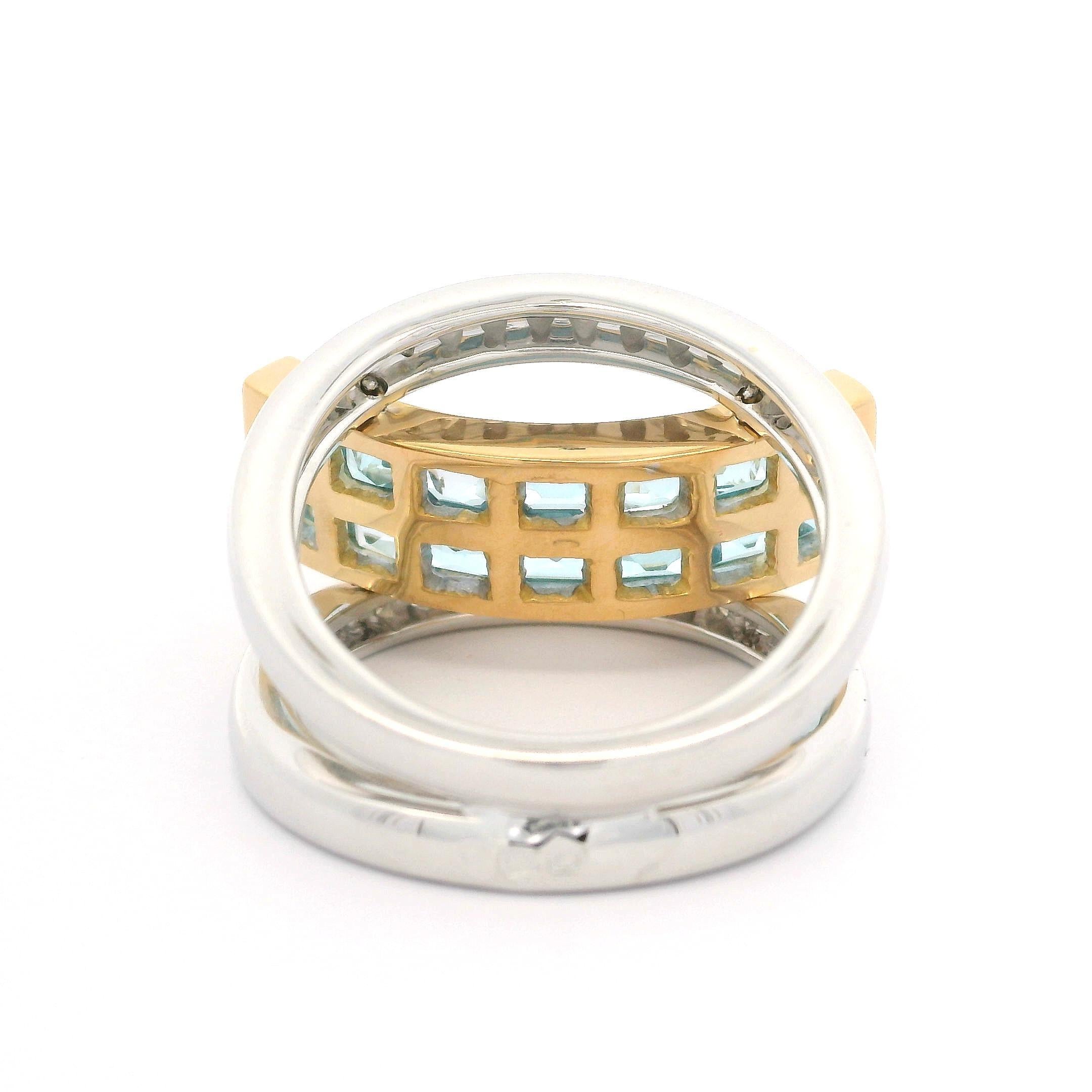18 Karat zweifarbiges Gold 2,48 Karat Blauer Topas & Diamant Moderner konkaver geometrischer Ring im Zustand „Hervorragend“ im Angebot in Montclair, NJ