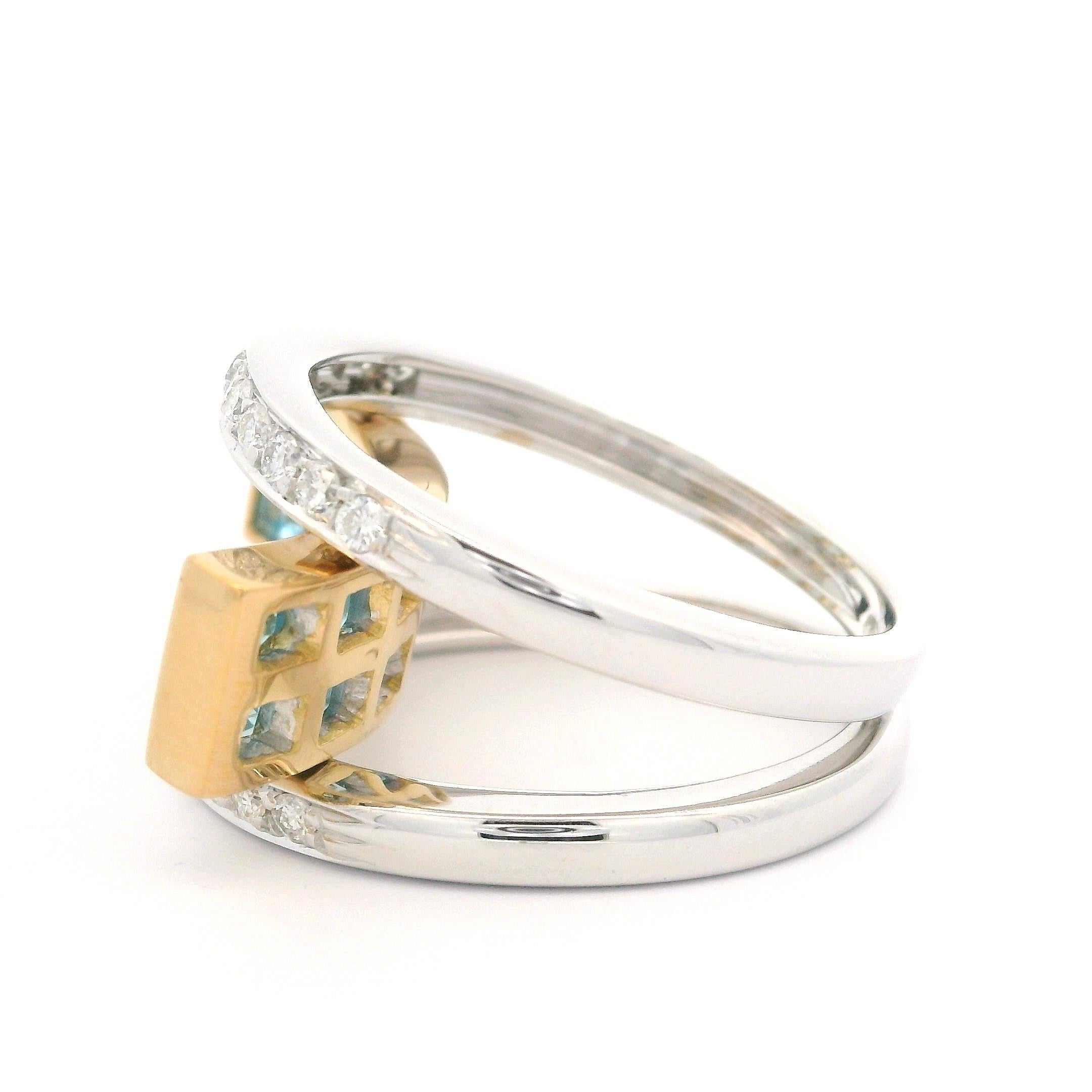 18 Karat zweifarbiges Gold 2,48 Karat Blauer Topas & Diamant Moderner konkaver geometrischer Ring Damen im Angebot