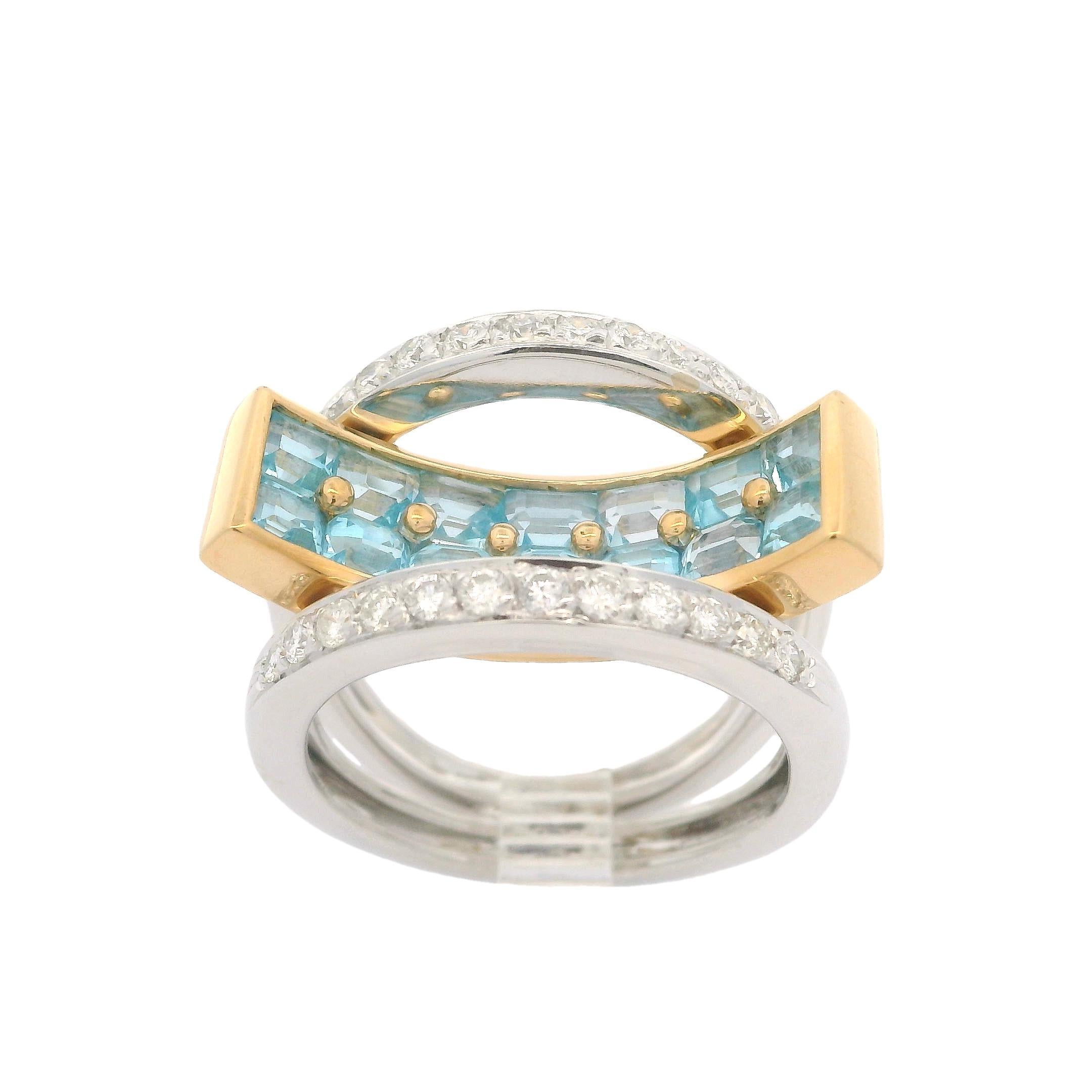 18 Karat zweifarbiges Gold 2,48 Karat Blauer Topas & Diamant Moderner konkaver geometrischer Ring im Angebot 2