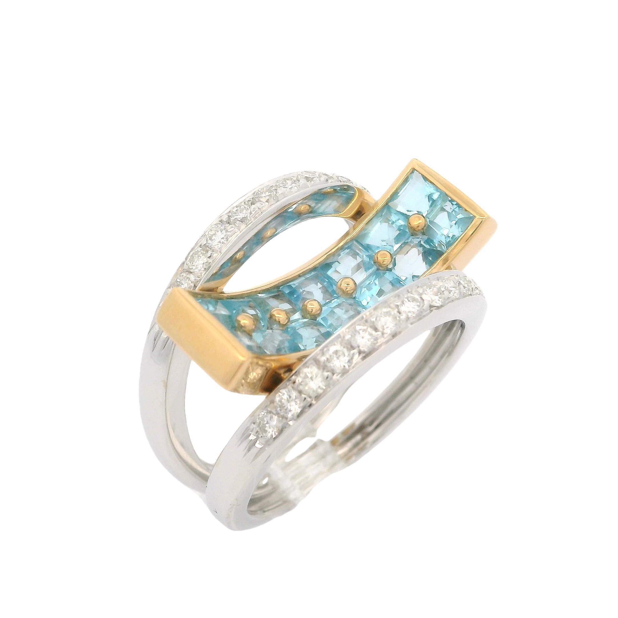 18 Karat zweifarbiges Gold 2,48 Karat Blauer Topas & Diamant Moderner konkaver geometrischer Ring im Angebot 3