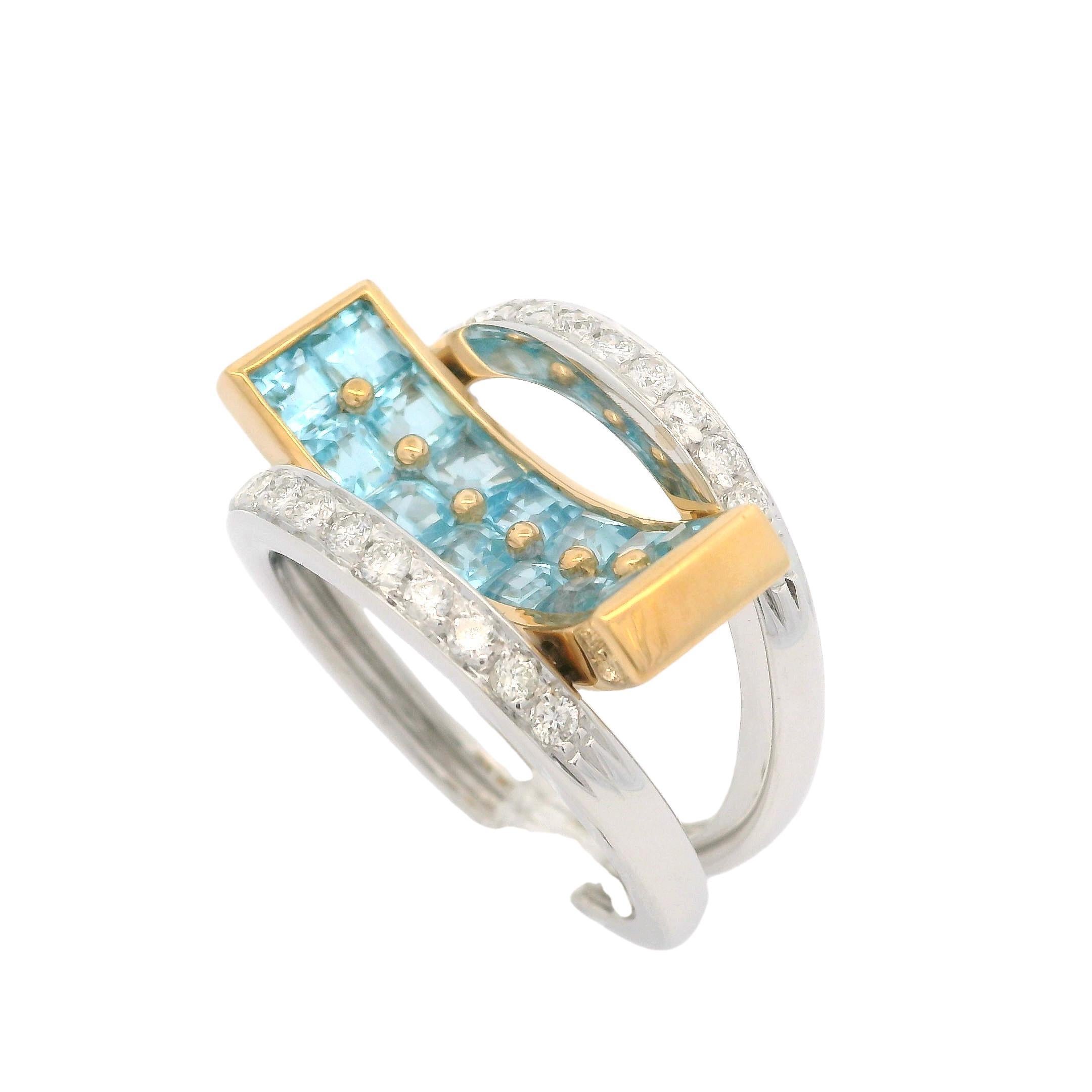 18 Karat zweifarbiges Gold 2,48 Karat Blauer Topas & Diamant Moderner konkaver geometrischer Ring im Angebot 4