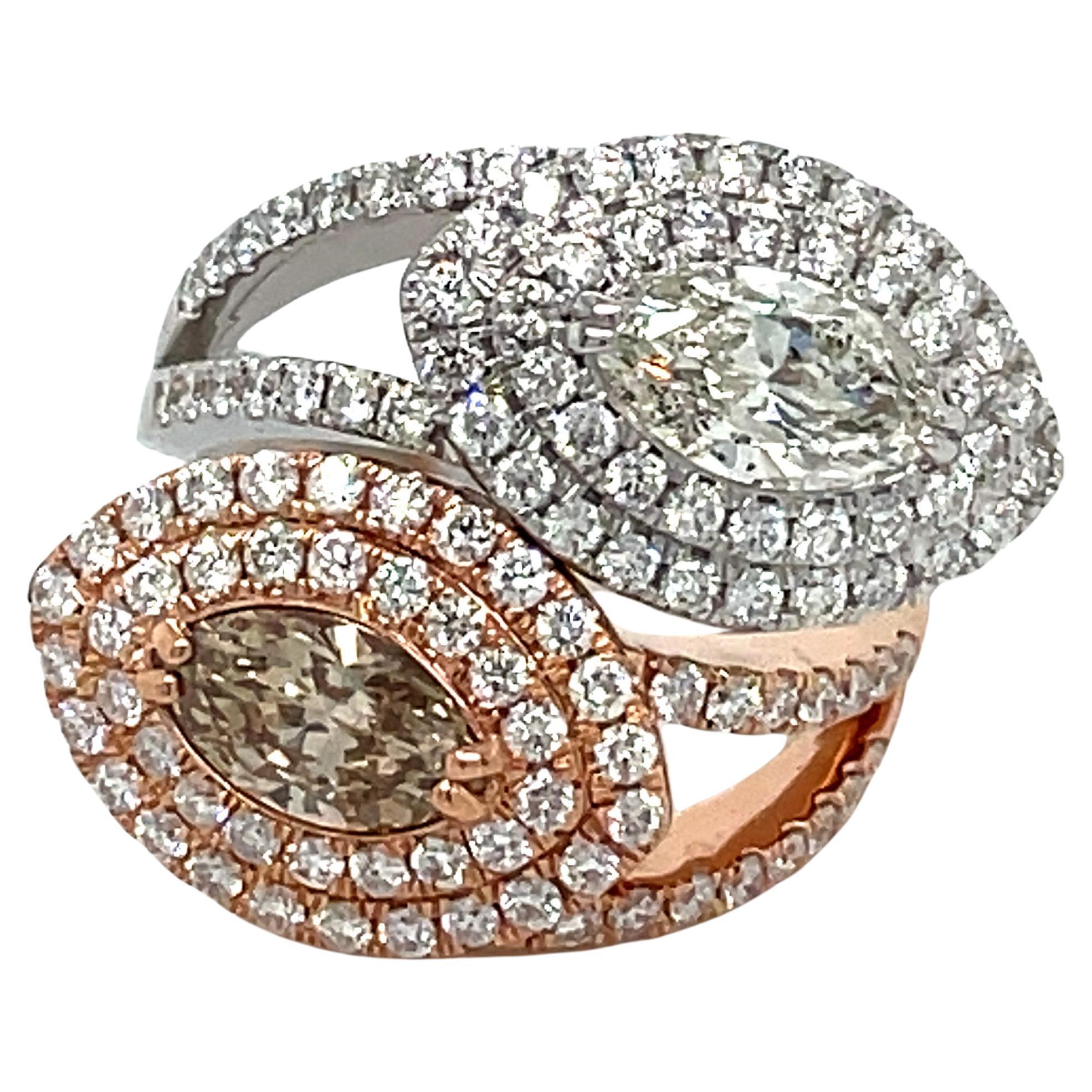 18k Two-Tone Gold 2.74ct Marquise-cut Pink & White Diamond Two Stone Halo Ring