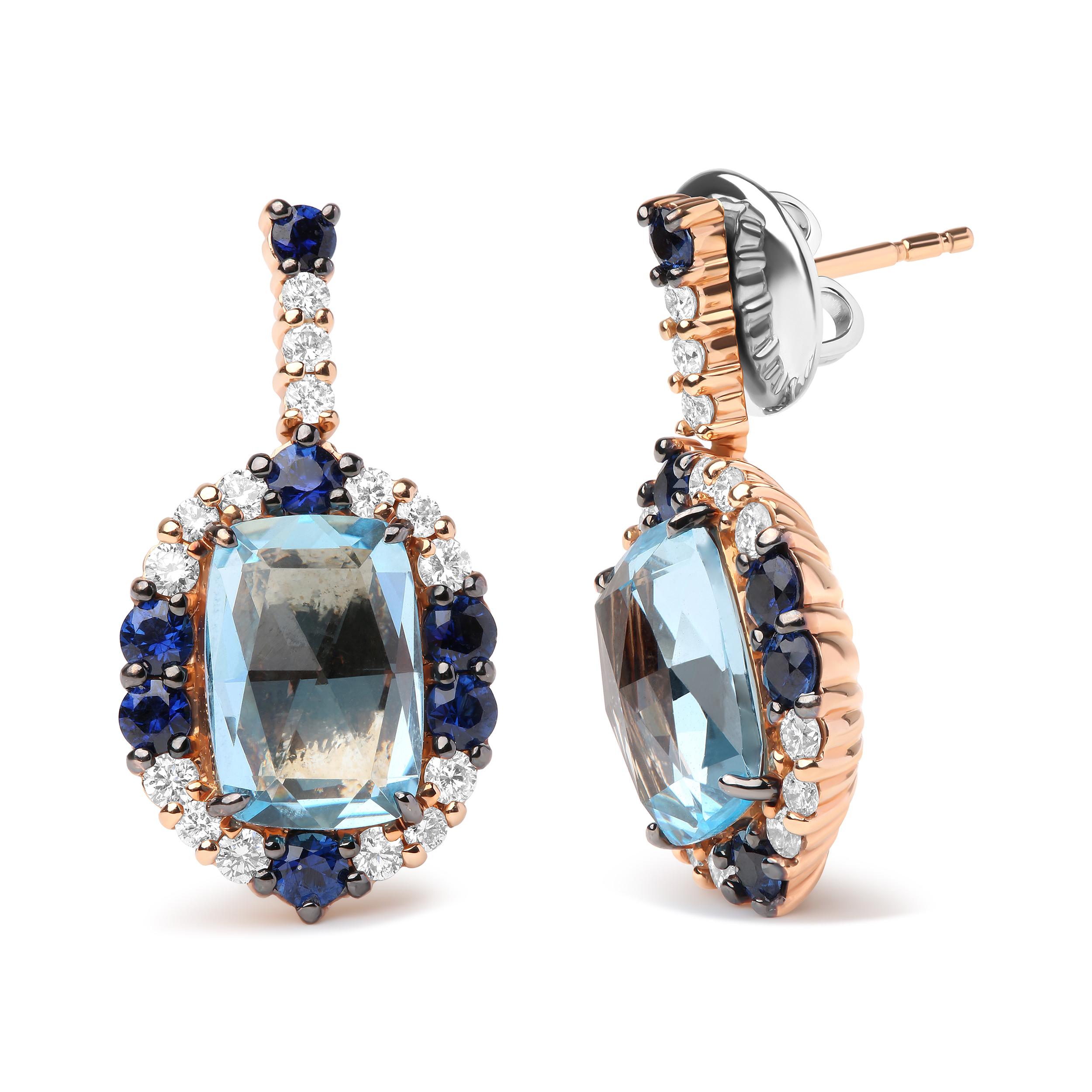 These regal dangle earrings are radiant and ready for any occasion, crafted from genuine 18k white and rose gold. A bold, eye-catching natural 13x8mm cushion-cut sky blue topaz gemstone takes center stage in a 4-prong setting. A halo of natural