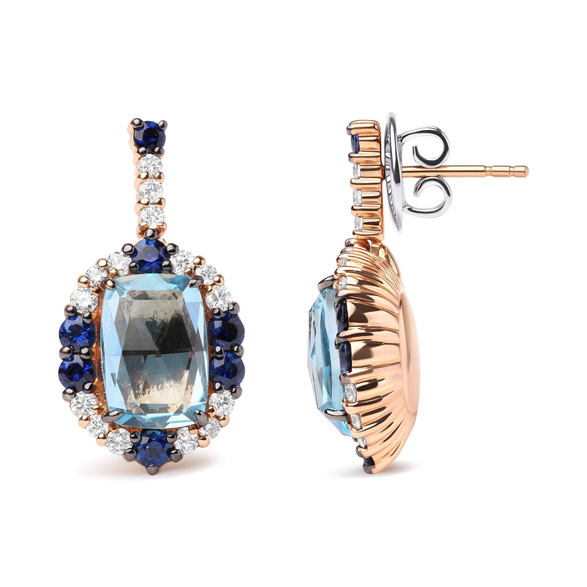 Contemporary 18K Two-Tone Gold 3/4 Ct Diamond with Blue Sapphire & Blue Topaz Dangle Earrings For Sale