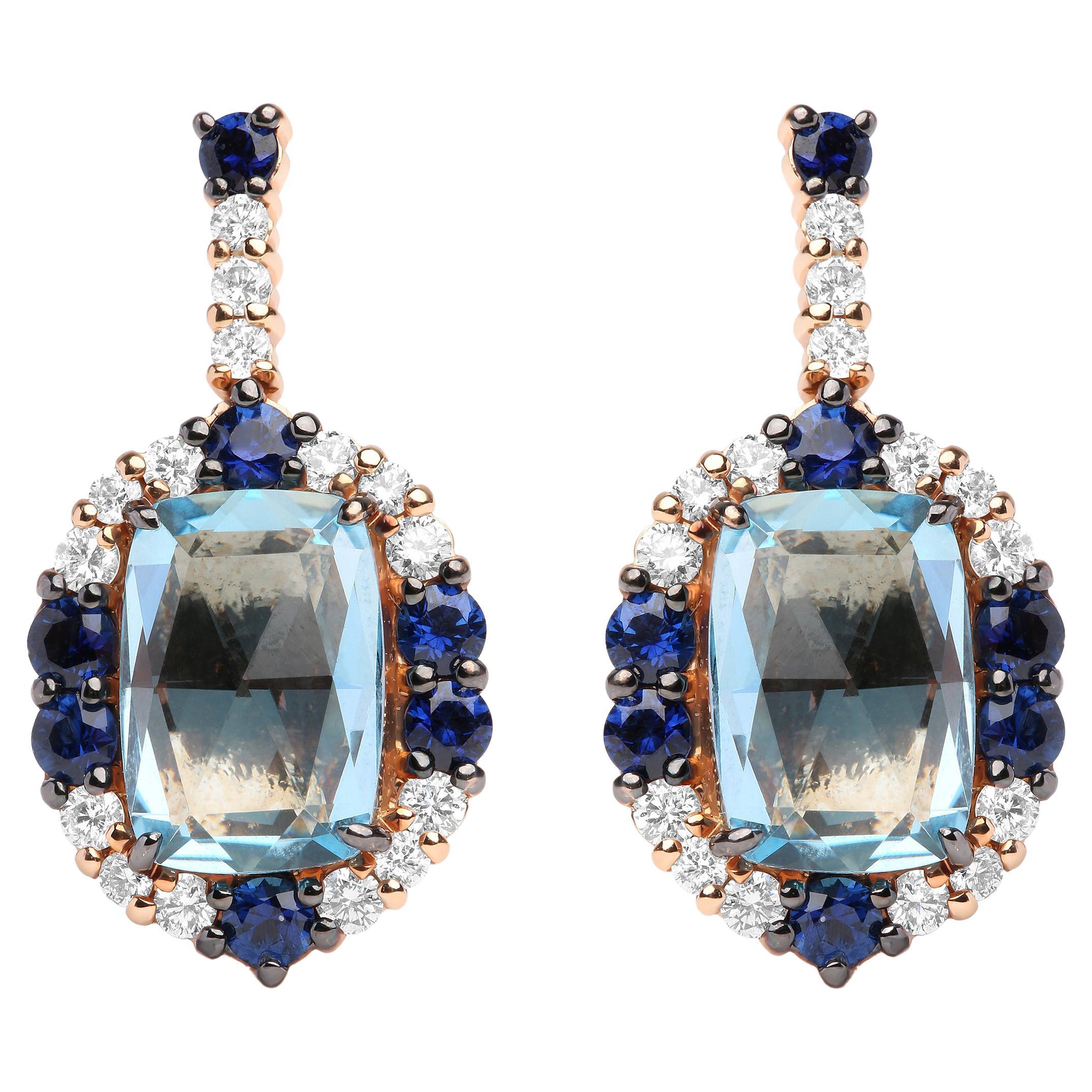 Pendants d'oreilles en or bicolore 18 carats avec diamants 3/4 carat, saphir bleu et topaze bleue