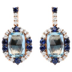 18K Two-Tone Gold 3/4 Ct Diamond with Blue Sapphire & Blue Topaz Dangle Earrings
