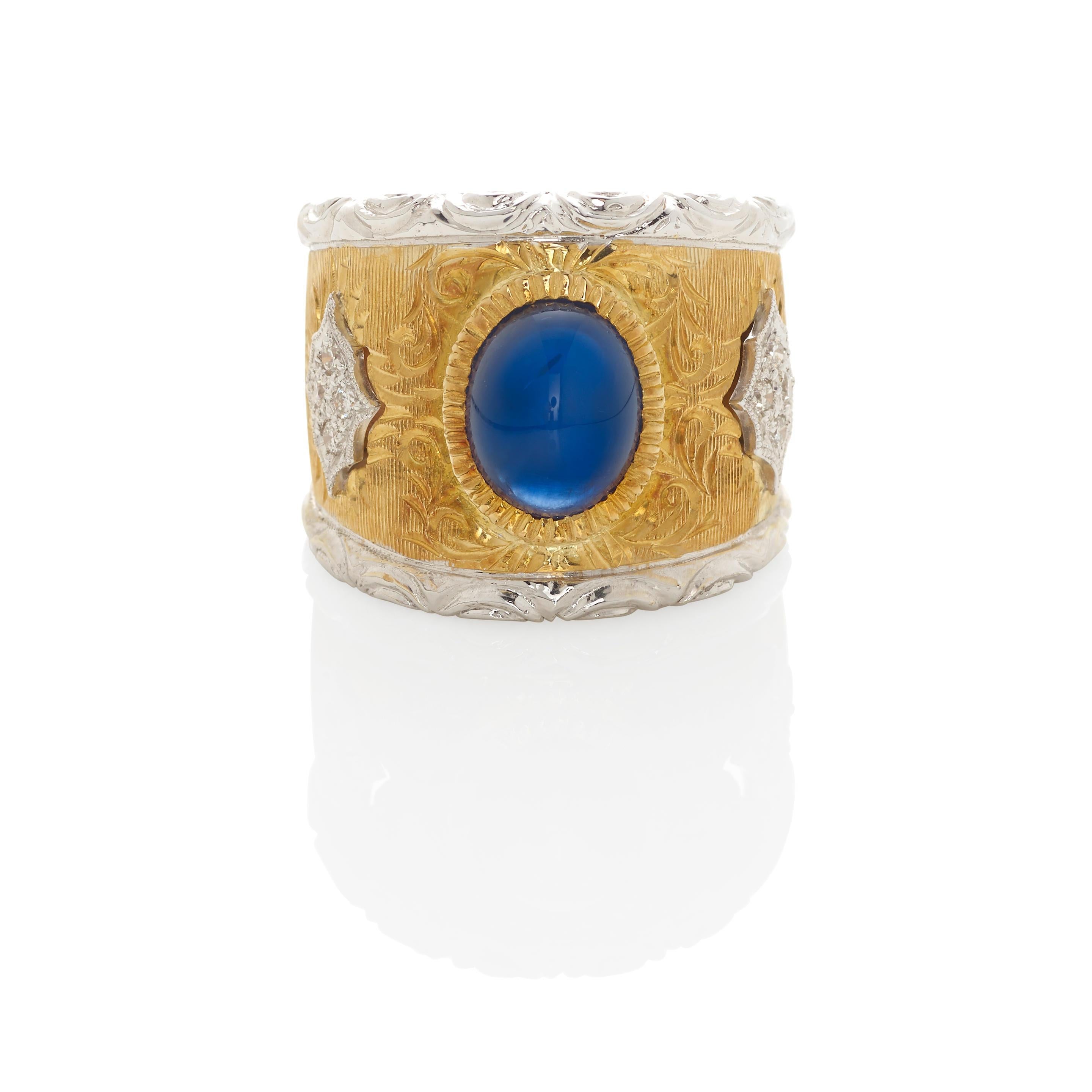 Taglio ovale Anello in oro 18k bicolore e zaffiro da 3,56 carati con accenti di diamanti, misura 6 3/4 in vendita