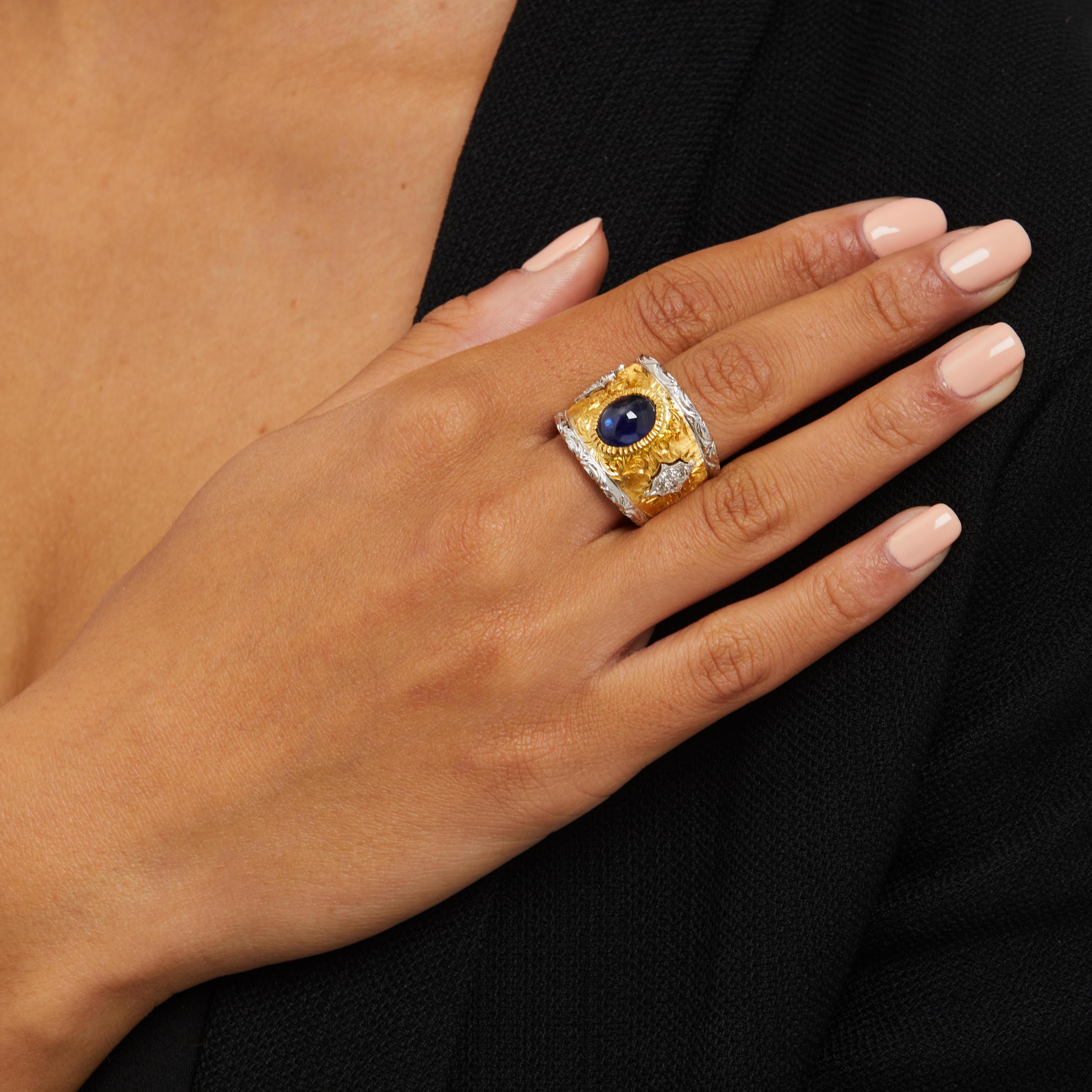 da uomo o donna Anello in oro 18k bicolore e zaffiro da 3,56 carati con accenti di diamanti, misura 6 3/4 in vendita
