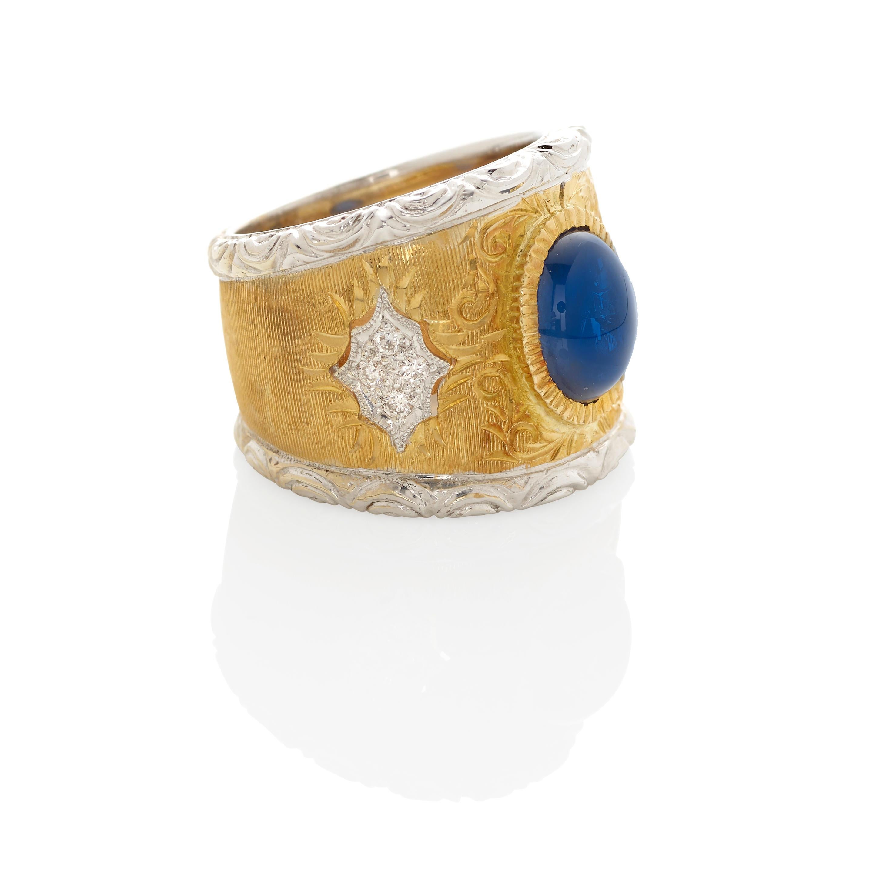 Anello in oro 18k bicolore e zaffiro da 3,56 carati con accenti di diamanti, misura 6 3/4 in vendita 2