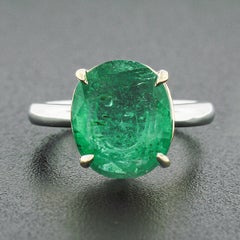 18k Two Tone Gold 4.52ctw GIA Oval Brazilian Emerald Solitaire Engagement Ring