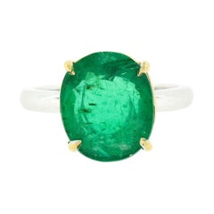 18k Two Tone Gold 4.52ctw GIA Oval Brazilian Emerald Solitaire Engagement Ring