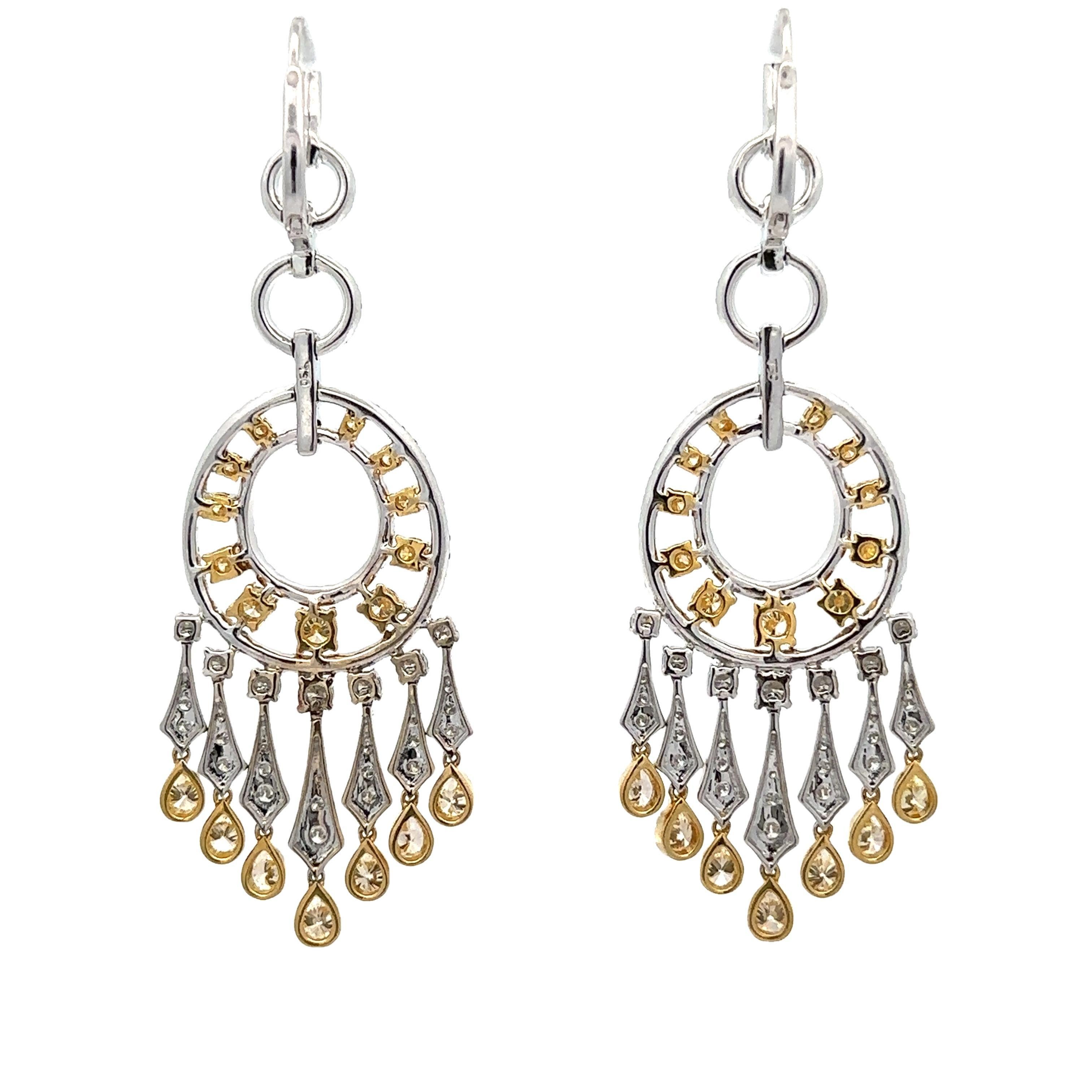 Pear Cut 18k Two Tone Gold 7.90ct Fancy Yellow & White Diamond Dangle Chandelier Earrings For Sale