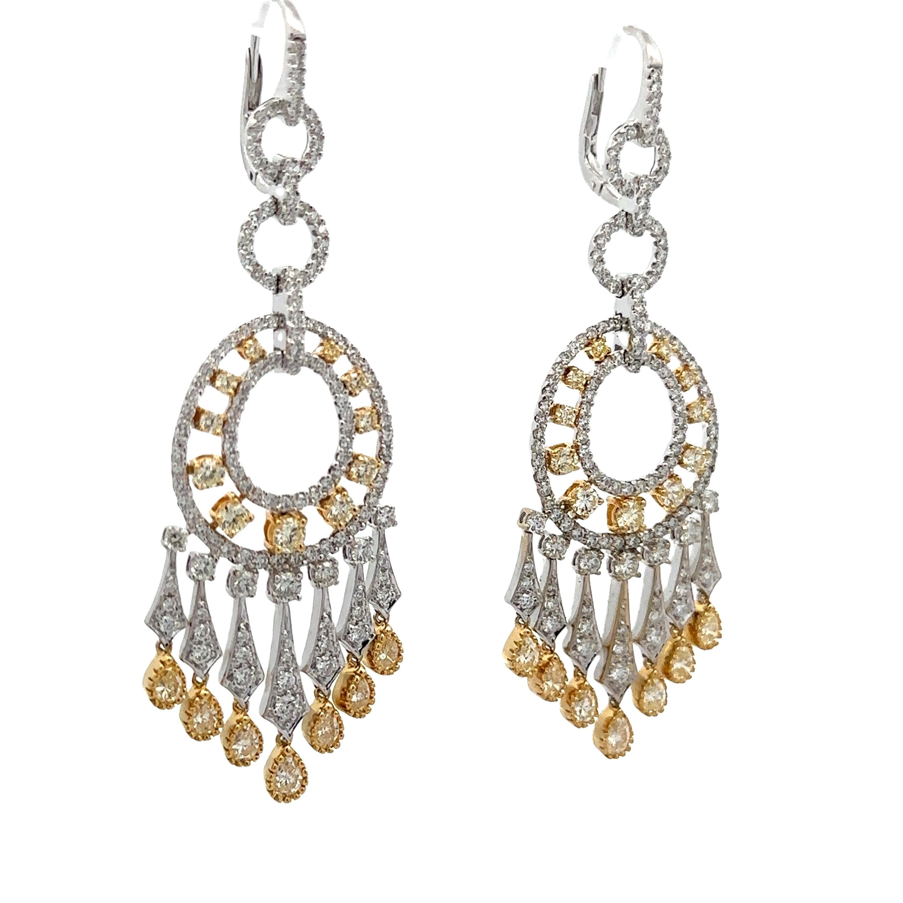Women's 18k Two Tone Gold 7.90ct Fancy Yellow & White Diamond Dangle Chandelier Earrings For Sale