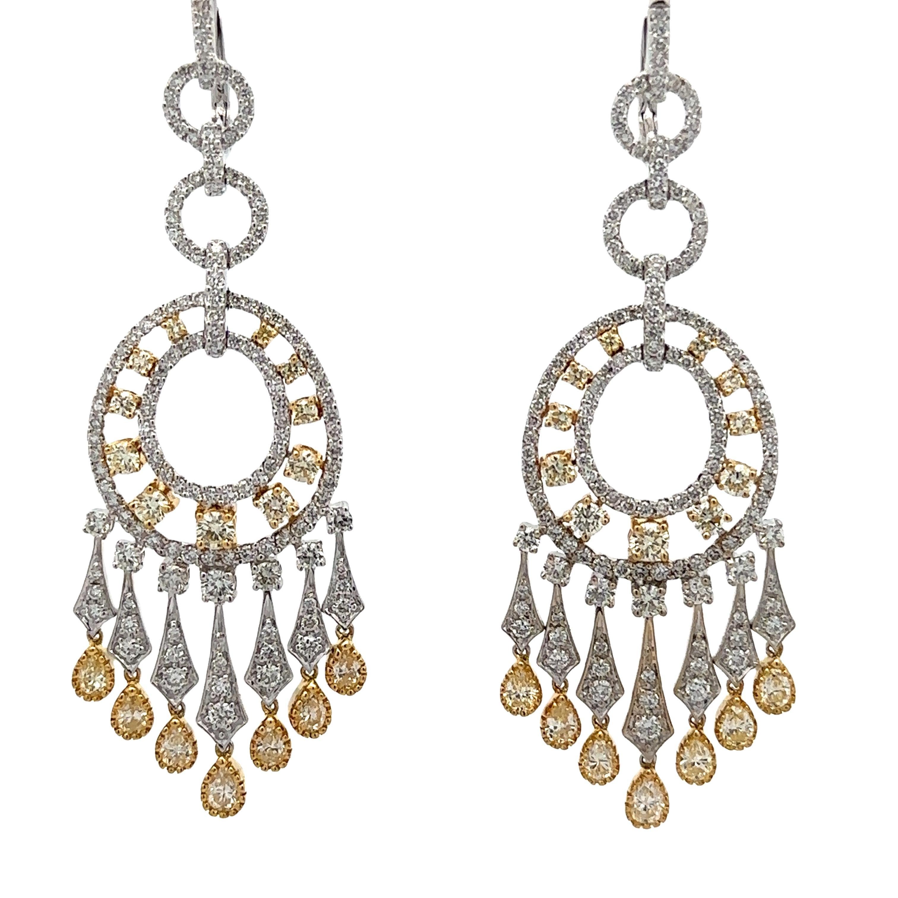 18k Two Tone Gold 7.90ct Fancy Yellow & White Diamond Dangle Chandelier Earrings For Sale 1