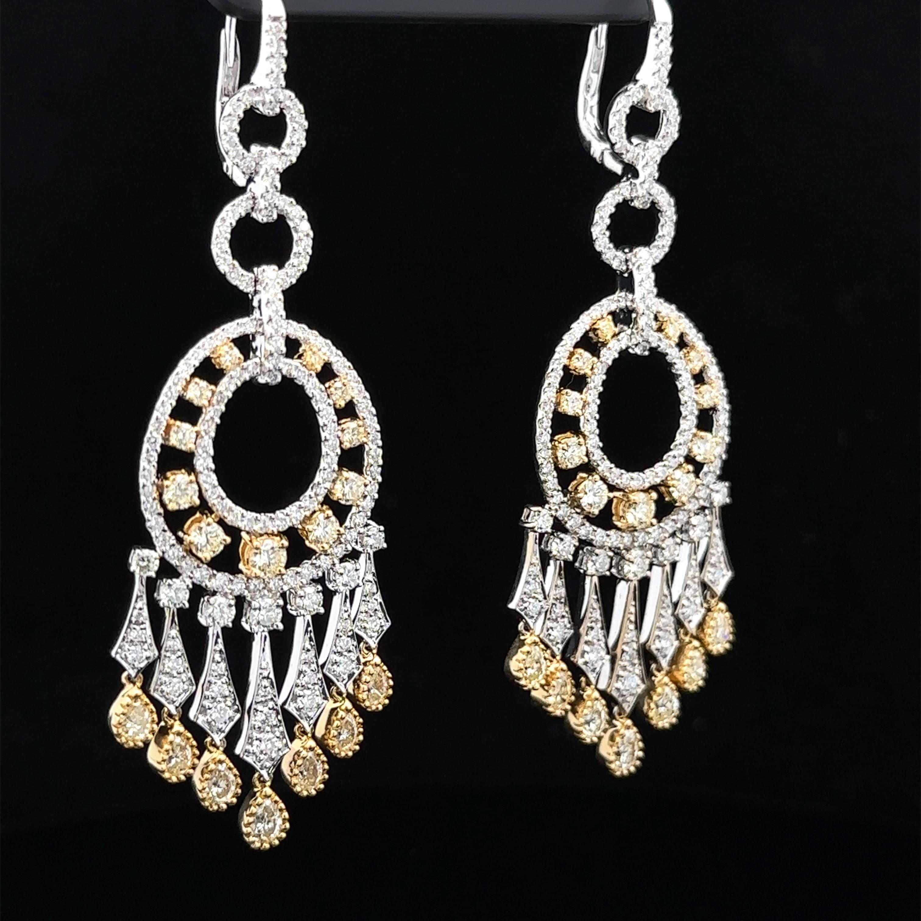18k Two Tone Gold 7.90ct Fancy Yellow & White Diamond Dangle Chandelier Earrings For Sale 3