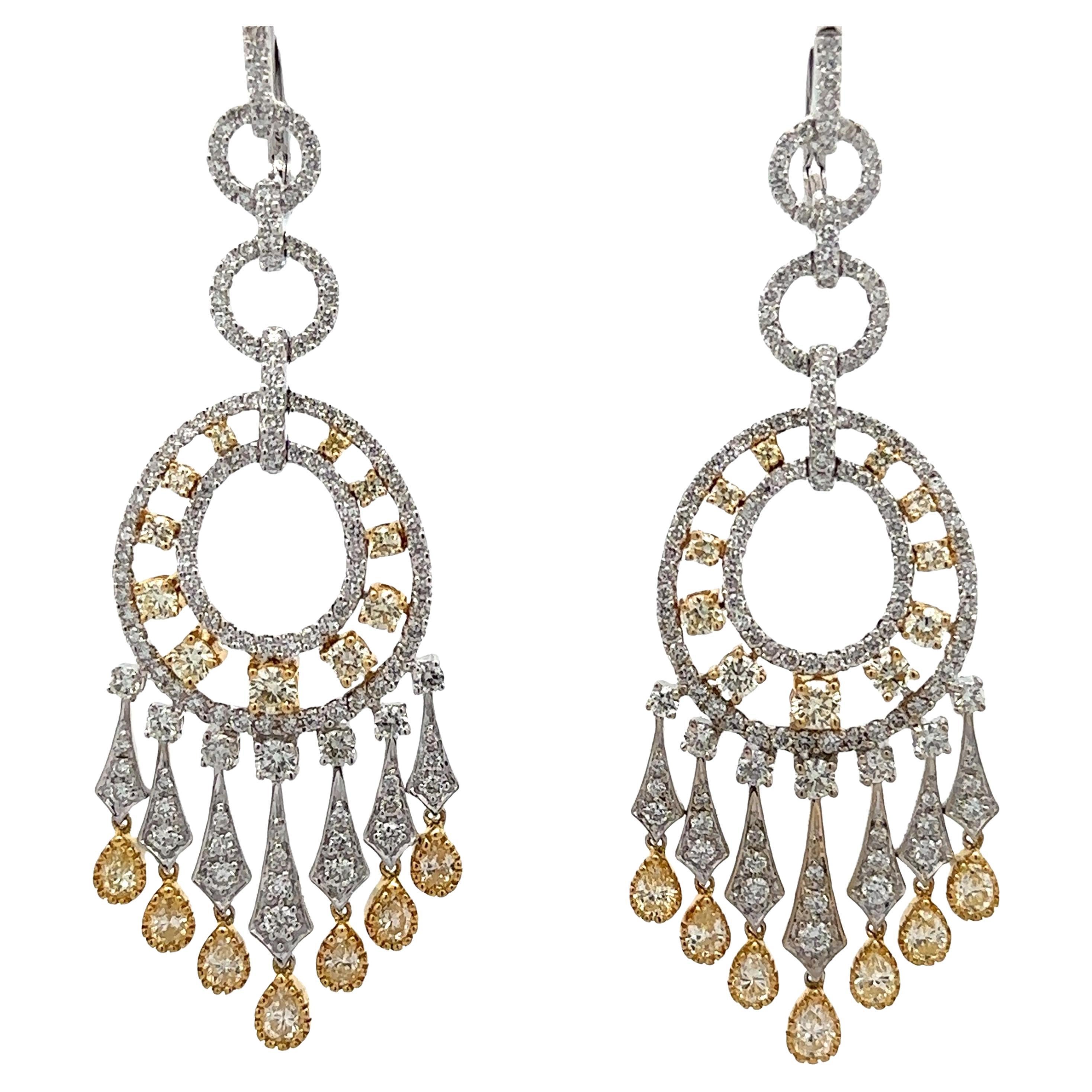 18k Two Tone Gold 7.90ct Fancy Yellow & White Diamond Dangle Chandelier Earrings