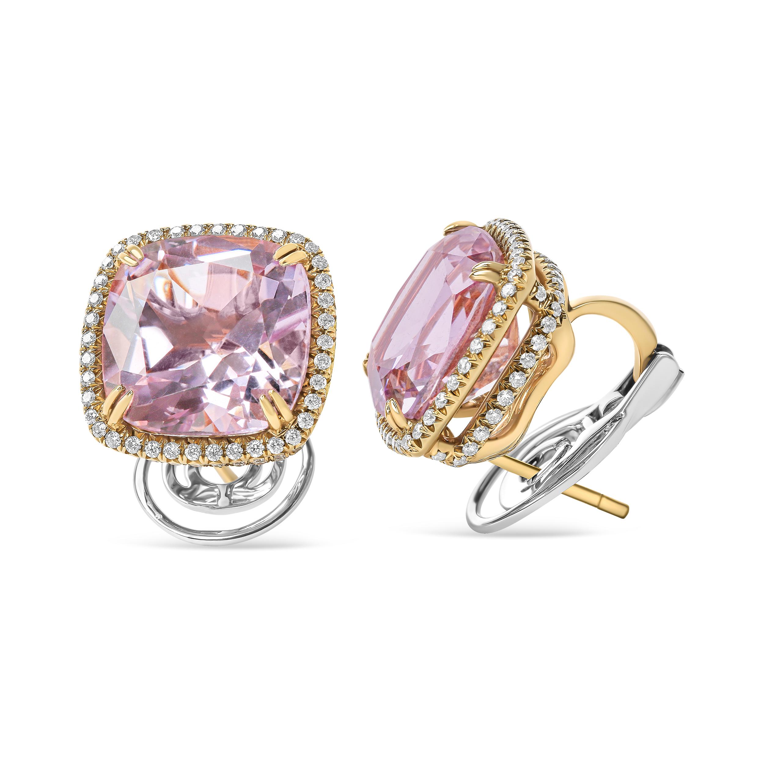 Elegant and captivating, these 18k white and rose gold stud earrings are a delight to show off! A natural 15mm cushion-cut heat-treated pink amethyst offers a modern twist to the classic stud, cradled within a 4-prong setting. A halo of round