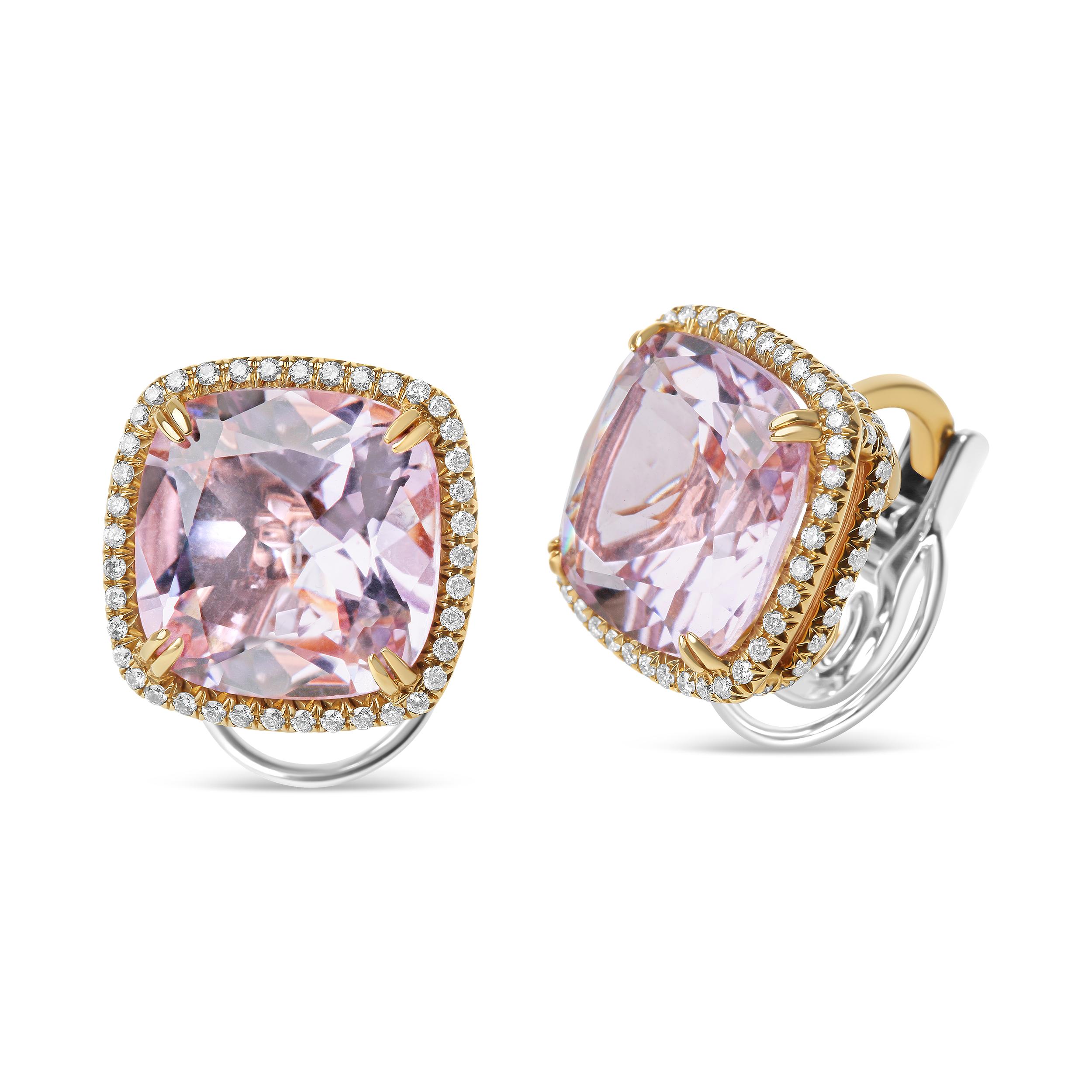 Contemporary 18K Two-Tone Gold 9/10 Carat Diamond and Pink Amethyst Clip on Stud Earring For Sale