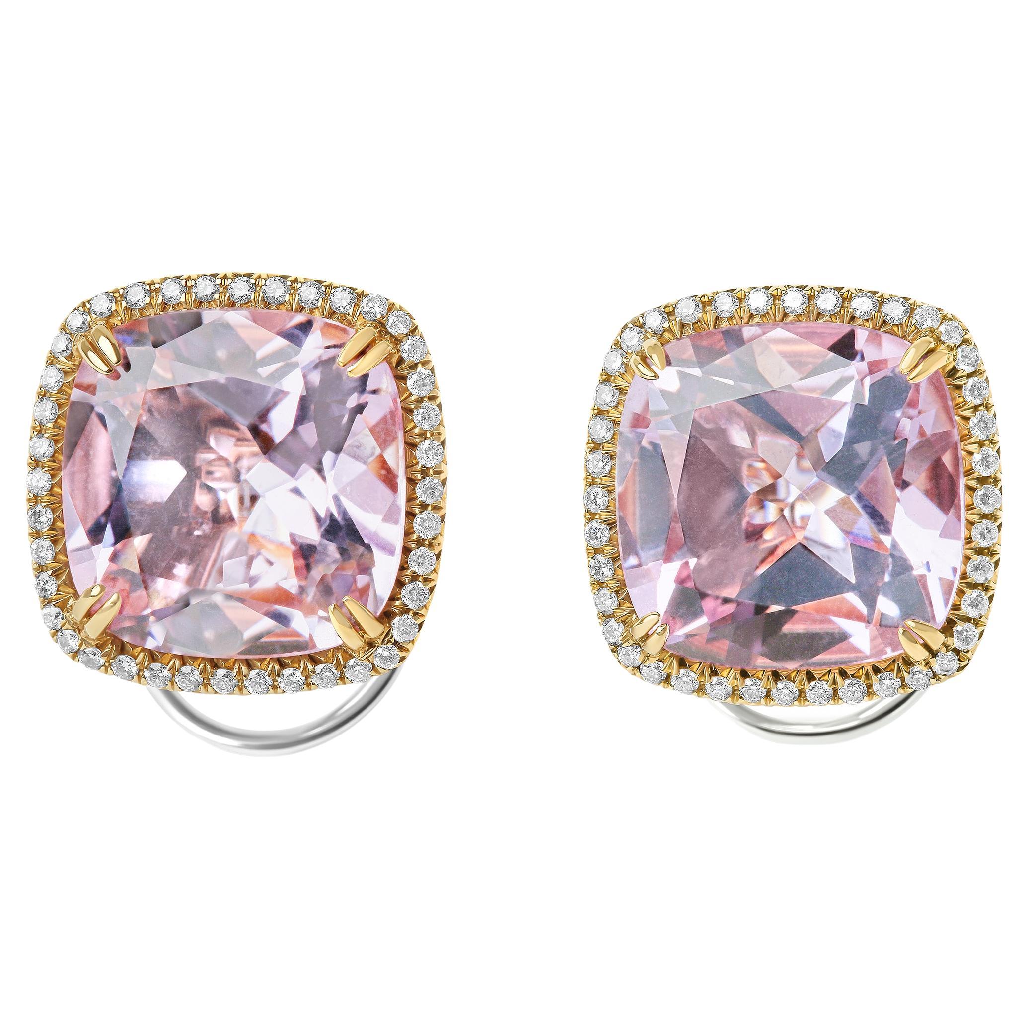 18K Two-Tone Gold 9/10 Carat Diamond and Pink Amethyst Clip on Stud Earring