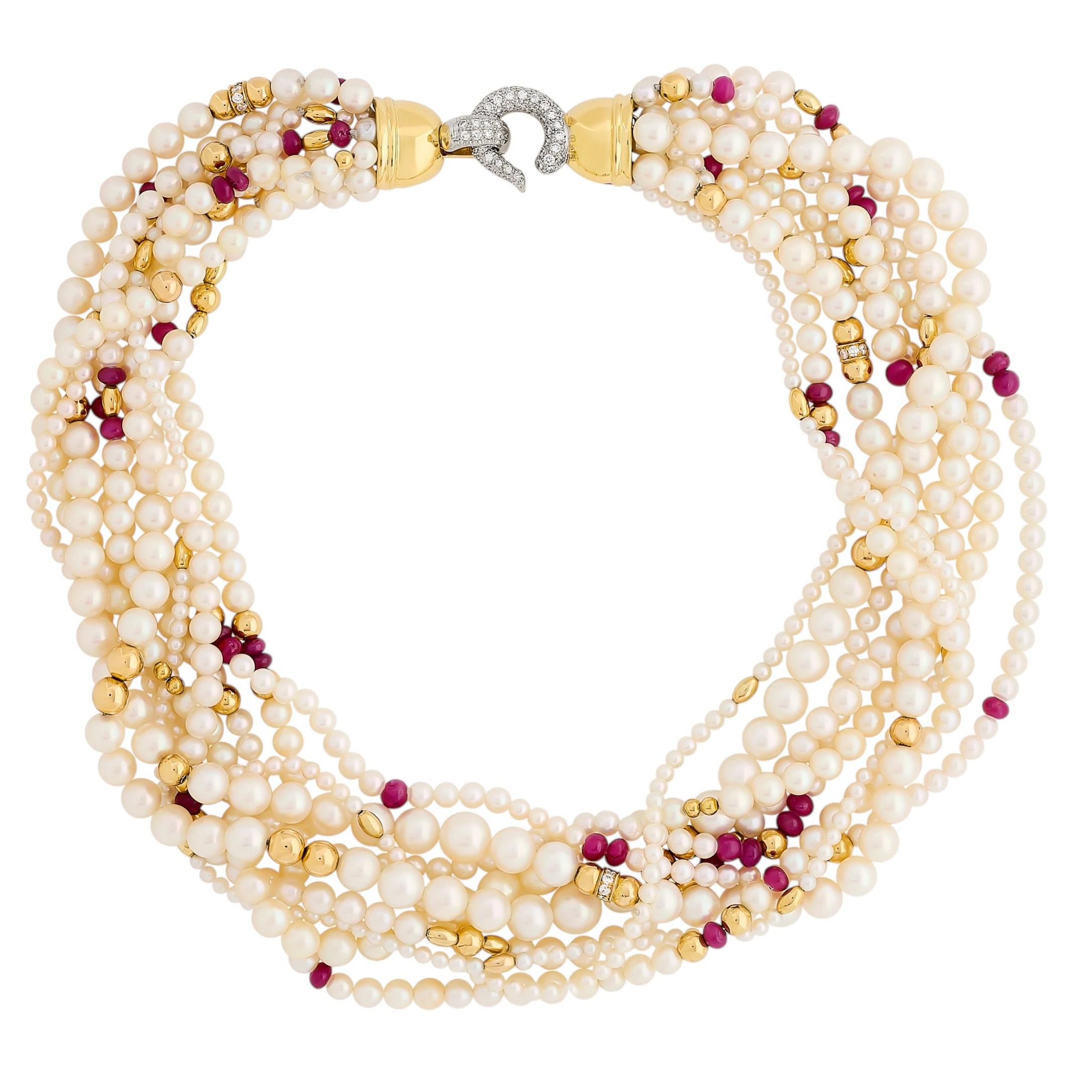 18K Two-tone Gold 9 Pearl Strand, Ruby and Diamond Necklace For Sale