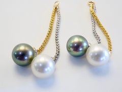 18K Two Tone Gold 9.2mm White & Black Pearl & 0.12ct Diamond Stud Enhancer