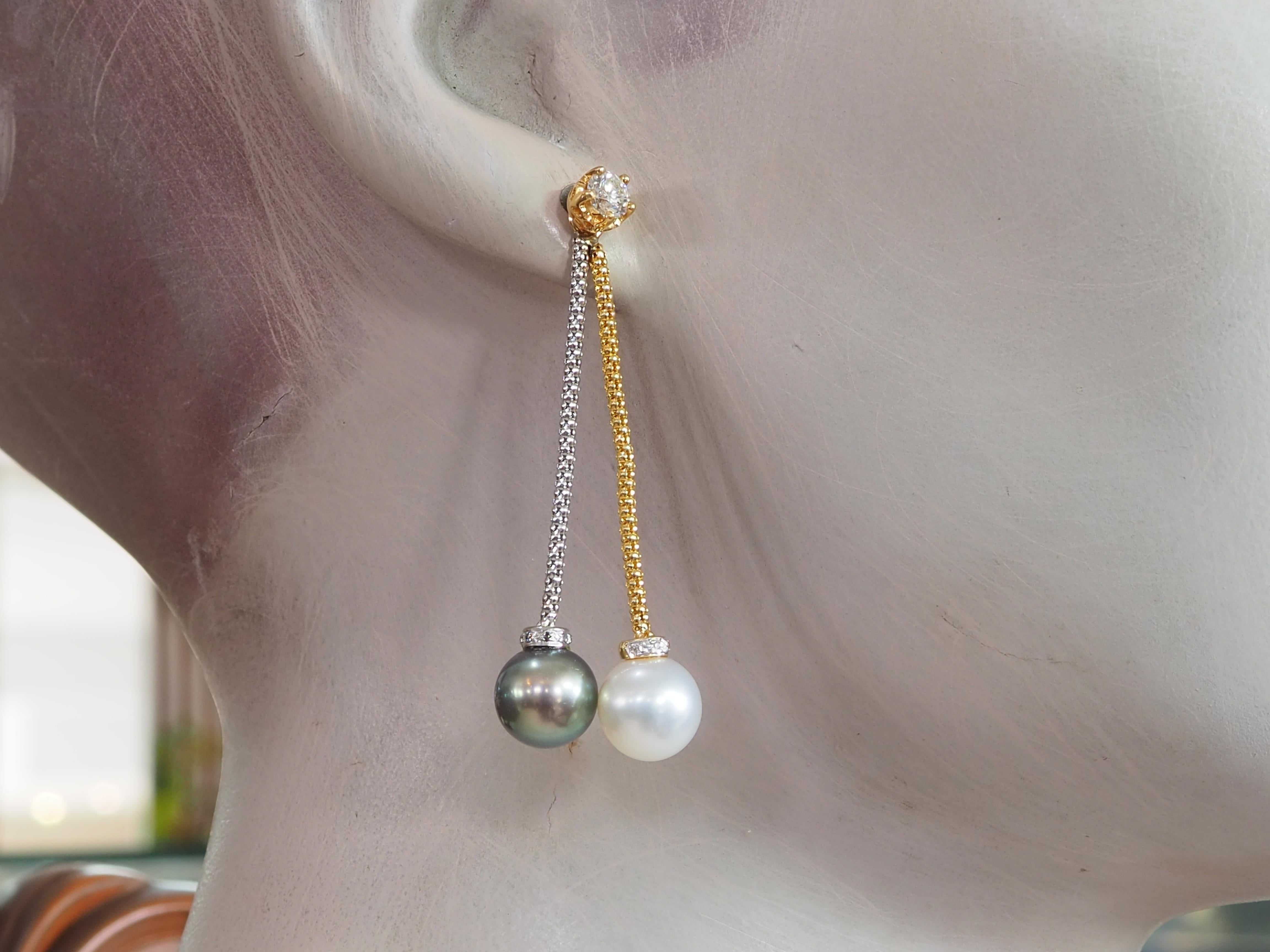 18K Zweifarbiges Gold 9,2mm Weiß & Schwarz Perle & 0,12ct Diamant Ohrstecker Enhancer im Angebot 3