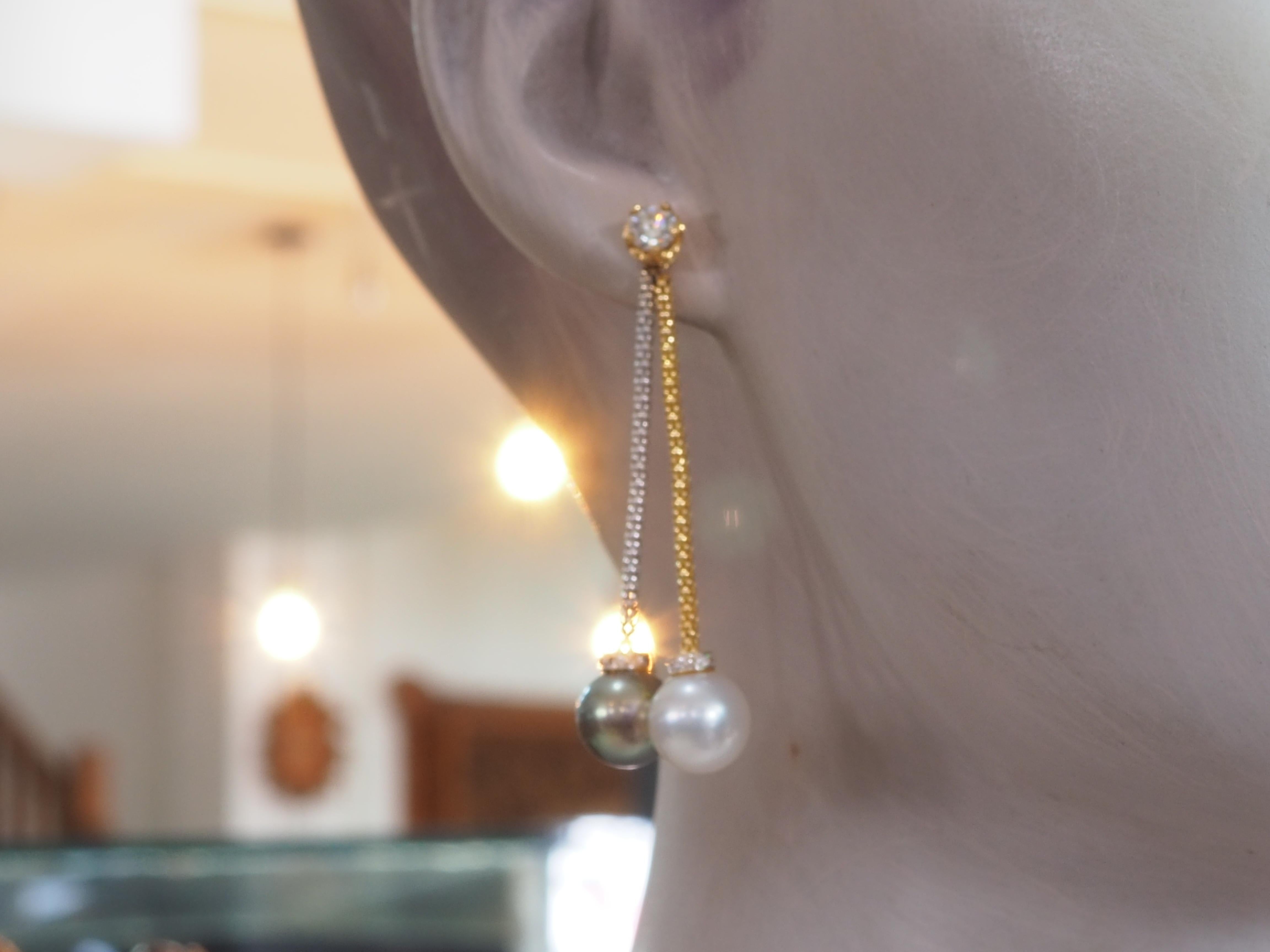 18K Zweifarbiges Gold 9,2mm Weiß & Schwarz Perle & 0,12ct Diamant Ohrstecker Enhancer im Angebot 4
