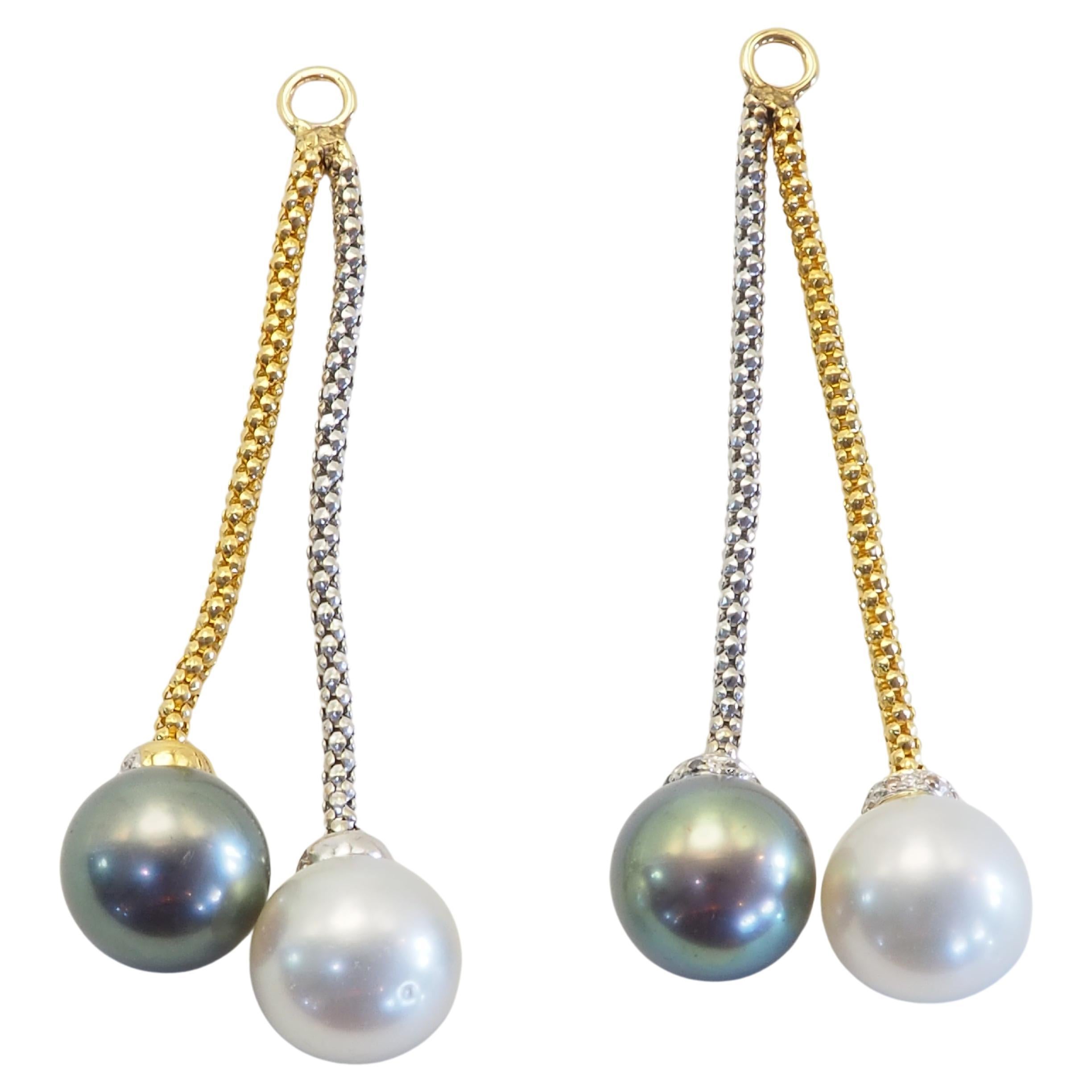 18K Zweifarbiges Gold 9,2mm Weiß & Schwarz Perle & 0,12ct Diamant Ohrstecker Enhancer im Angebot