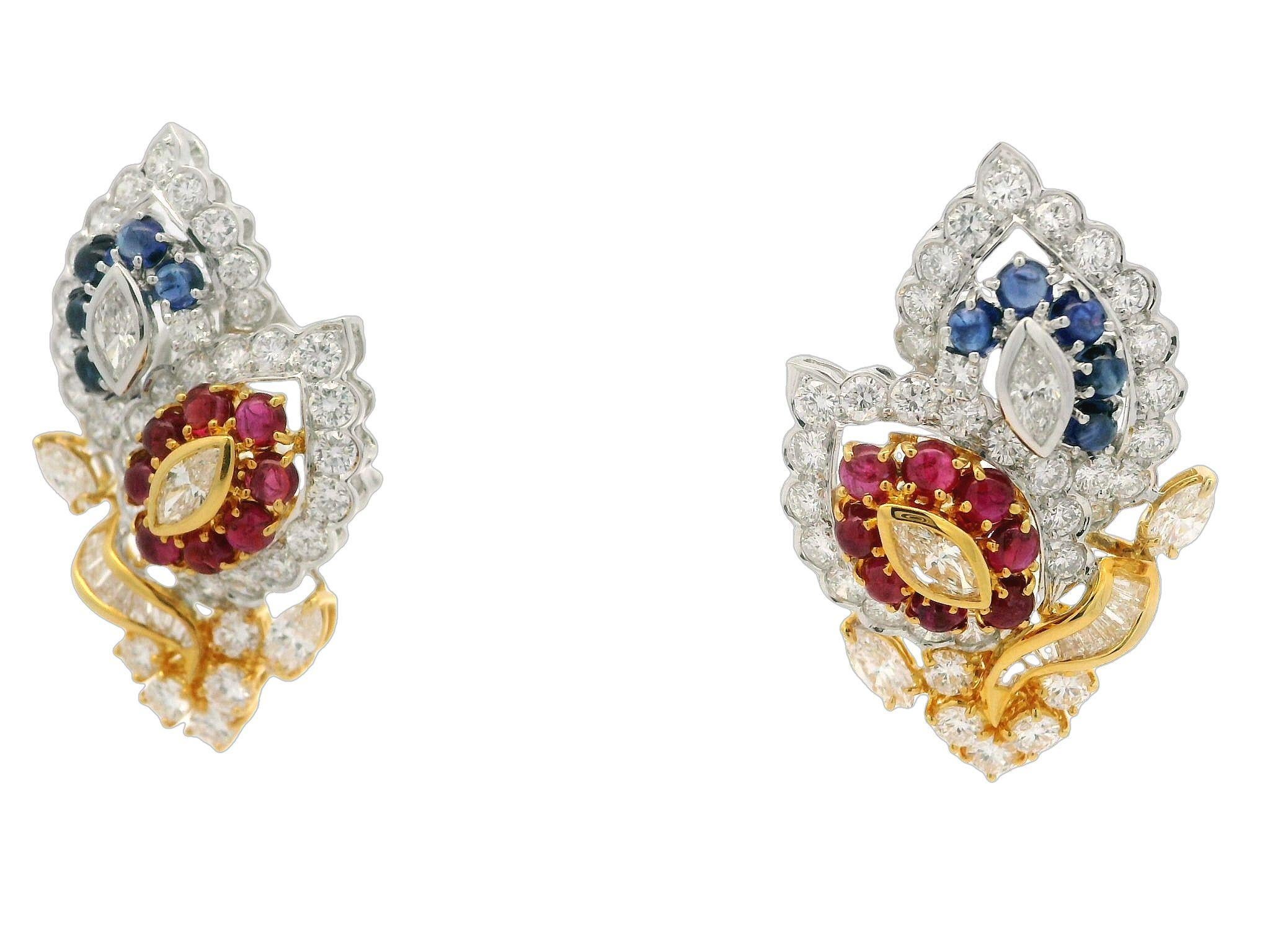 18k zweifarbiges Gold 9,54ctw Rubin Saphir & Diamant Dual Leaf Omega Ohrringe im Angebot 2