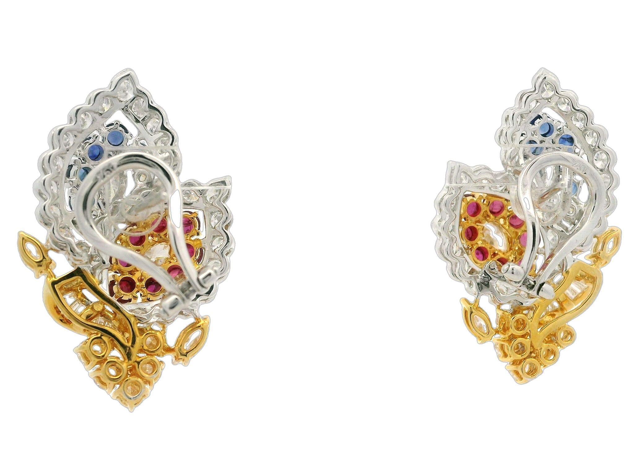 18k zweifarbiges Gold 9,54ctw Rubin Saphir & Diamant Dual Leaf Omega Ohrringe im Angebot 3