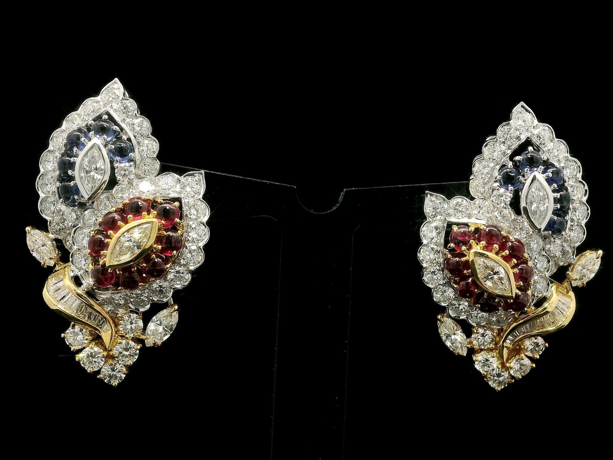 18k zweifarbiges Gold 9,54ctw Rubin Saphir & Diamant Dual Leaf Omega Ohrringe im Angebot 4