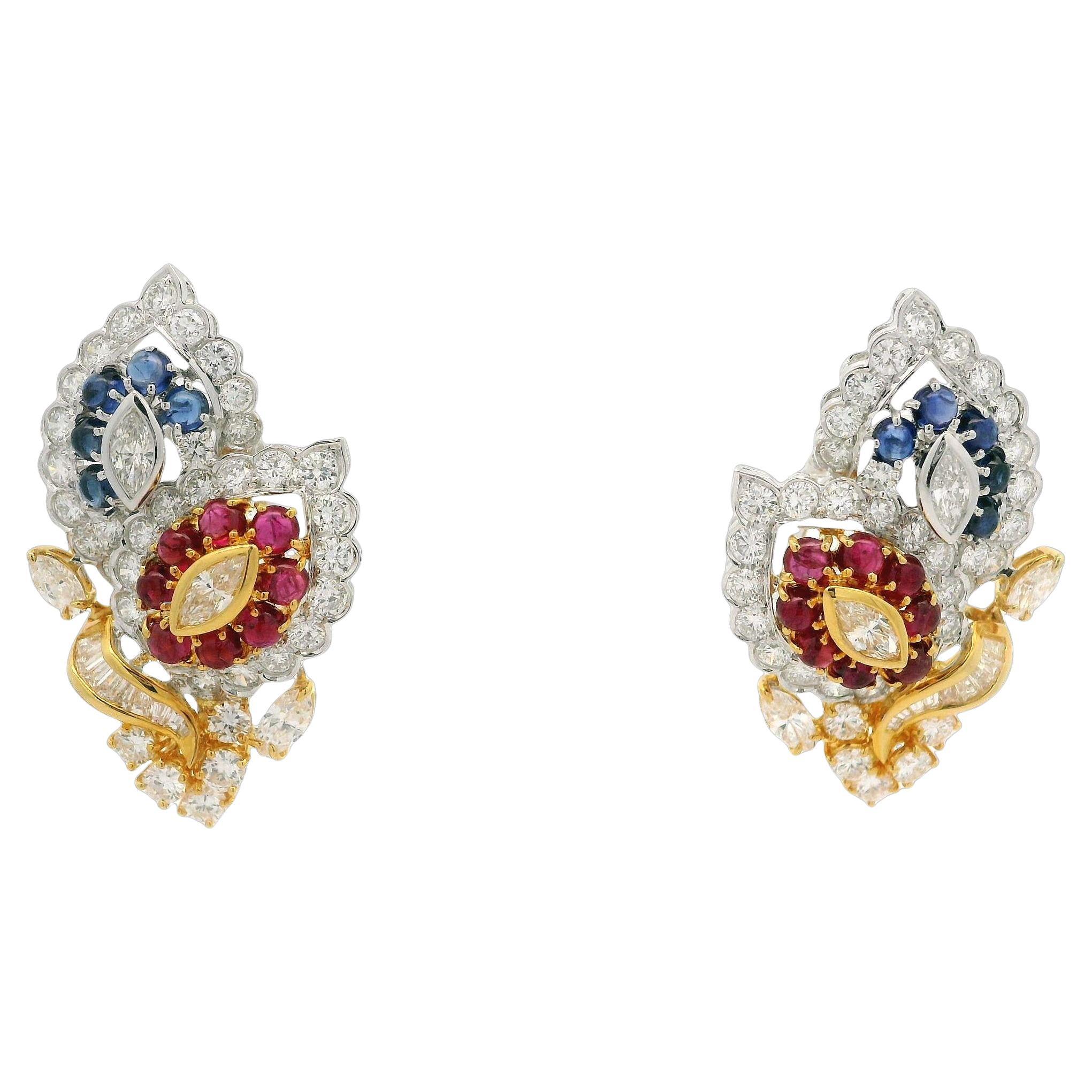 18k Two Tone Gold 9.54ctw Ruby Sapphire & Diamond Dual Leaf Omega Earrings