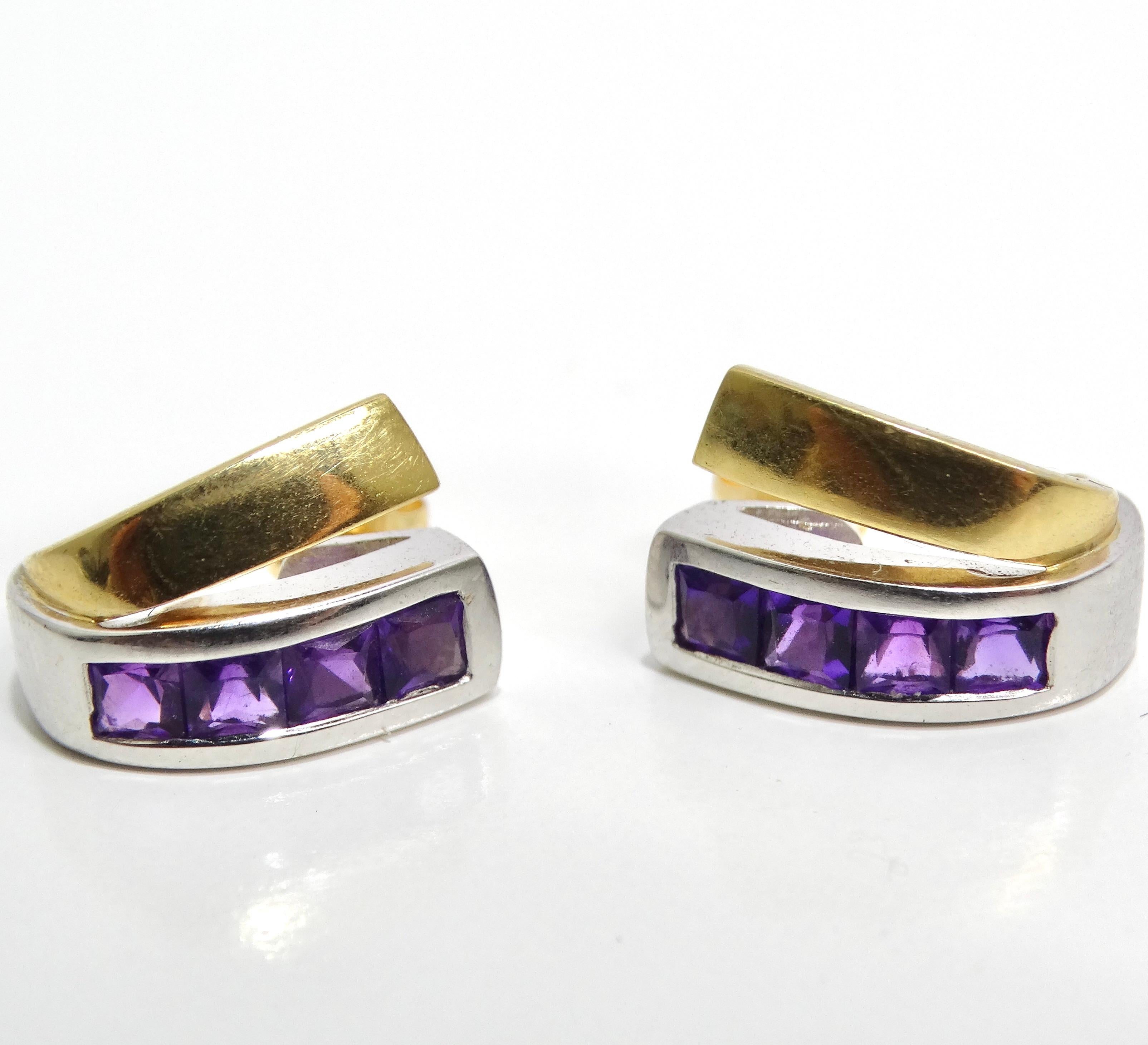 Introducing a timeless pair of earrings from the 1990s, the 18K Two Tone Gold Amethyst Stud Earrings. These classic huggie stud earrings are crafted with meticulous attention to detail, featuring a combination of two-tone yellow and white gold for a