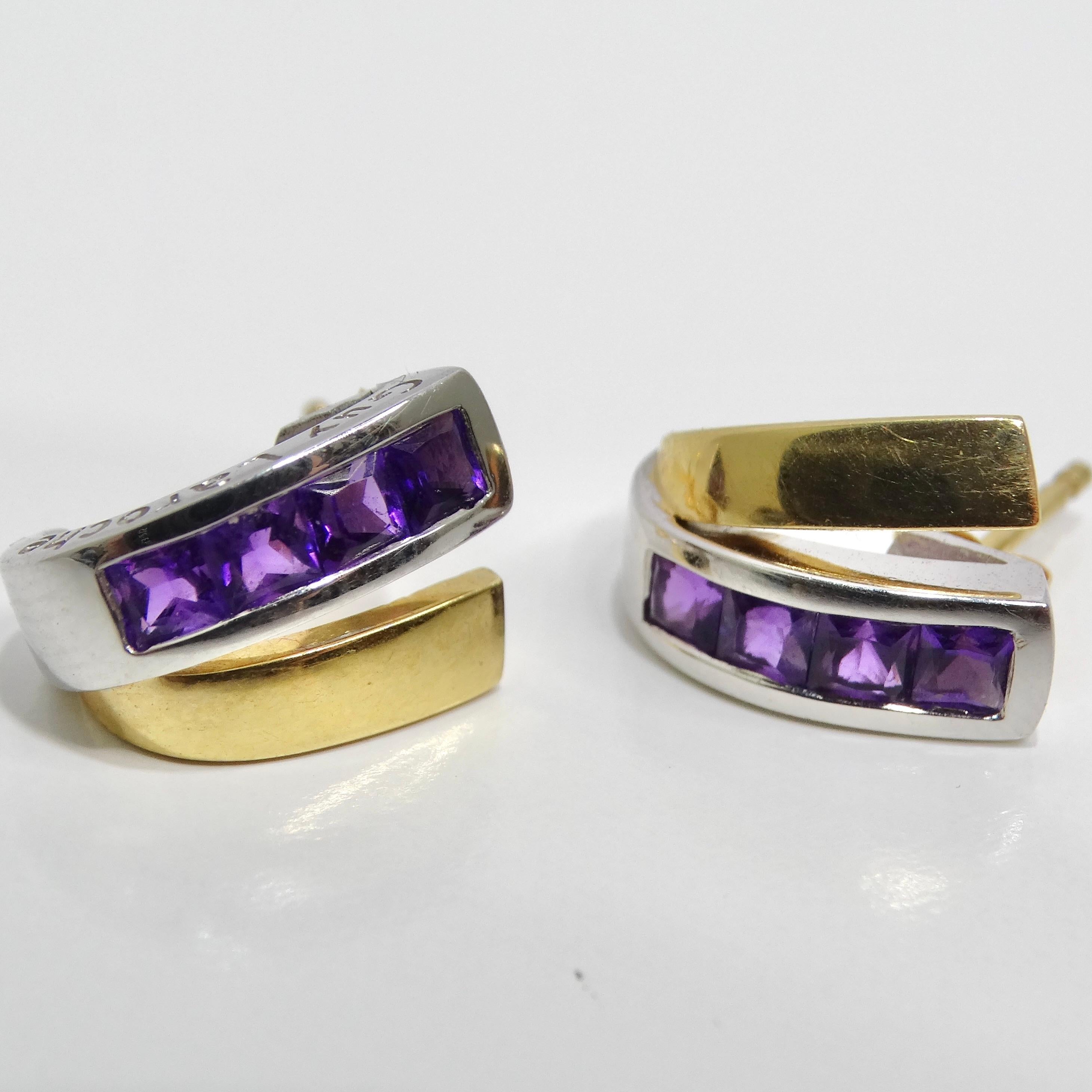 18K Two Tone Gold Amethyst Stud Earrings In Excellent Condition For Sale In Scottsdale, AZ
