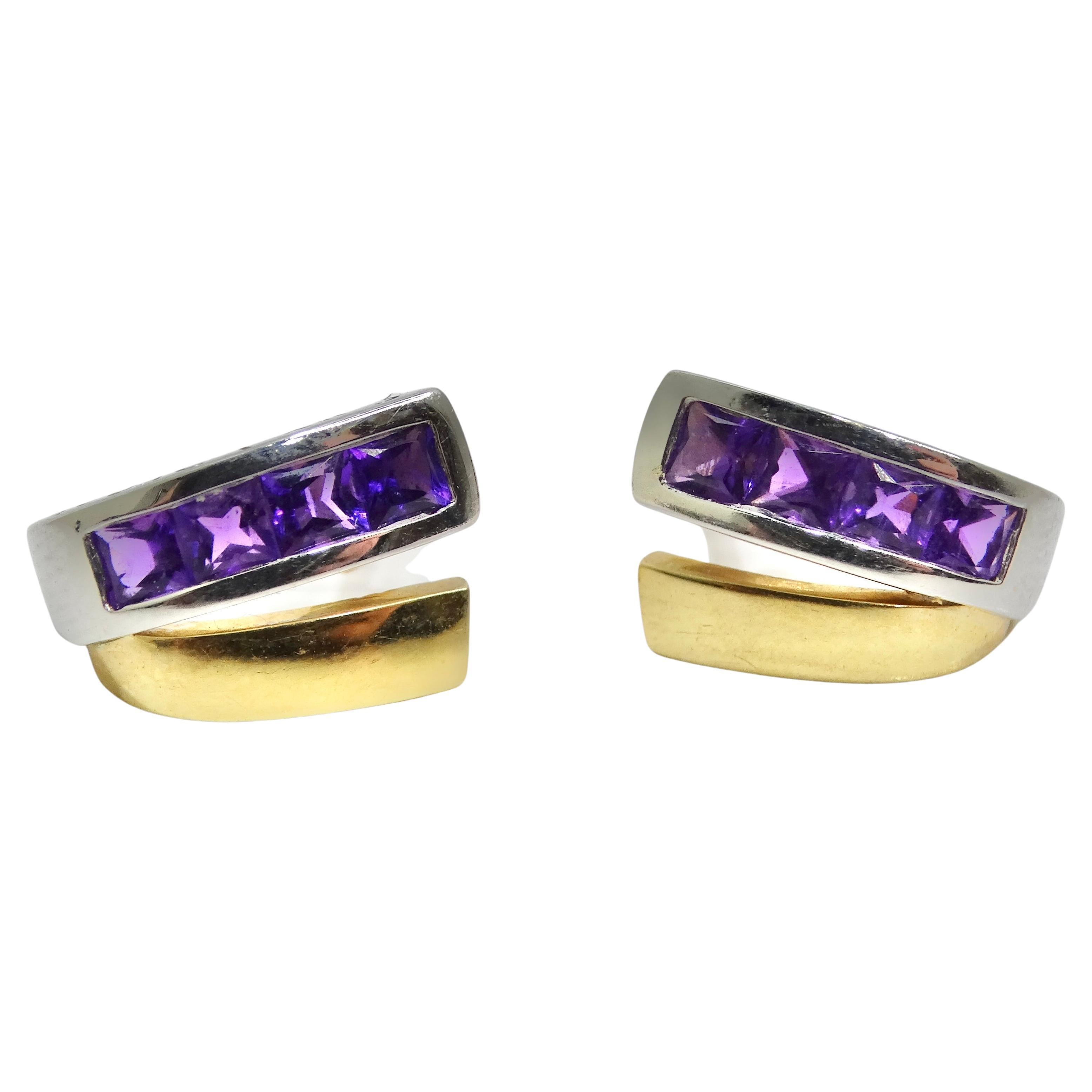 18K Two Tone Gold Amethyst Stud Earrings