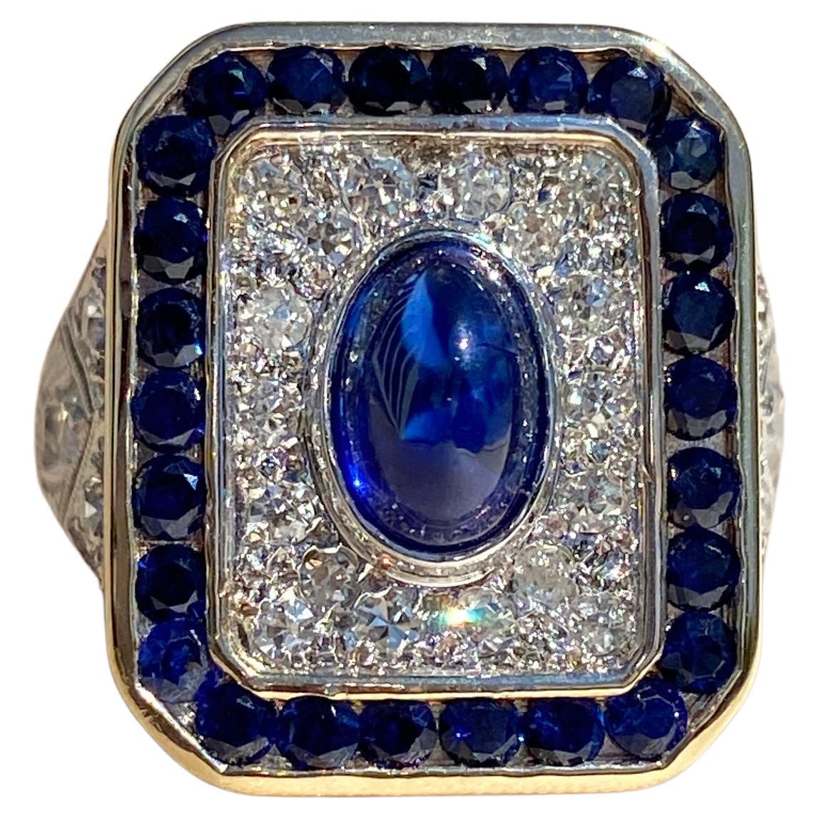 18K Two-Tone Gold and Platinum Cabochon Sapphire and Diamond Ring