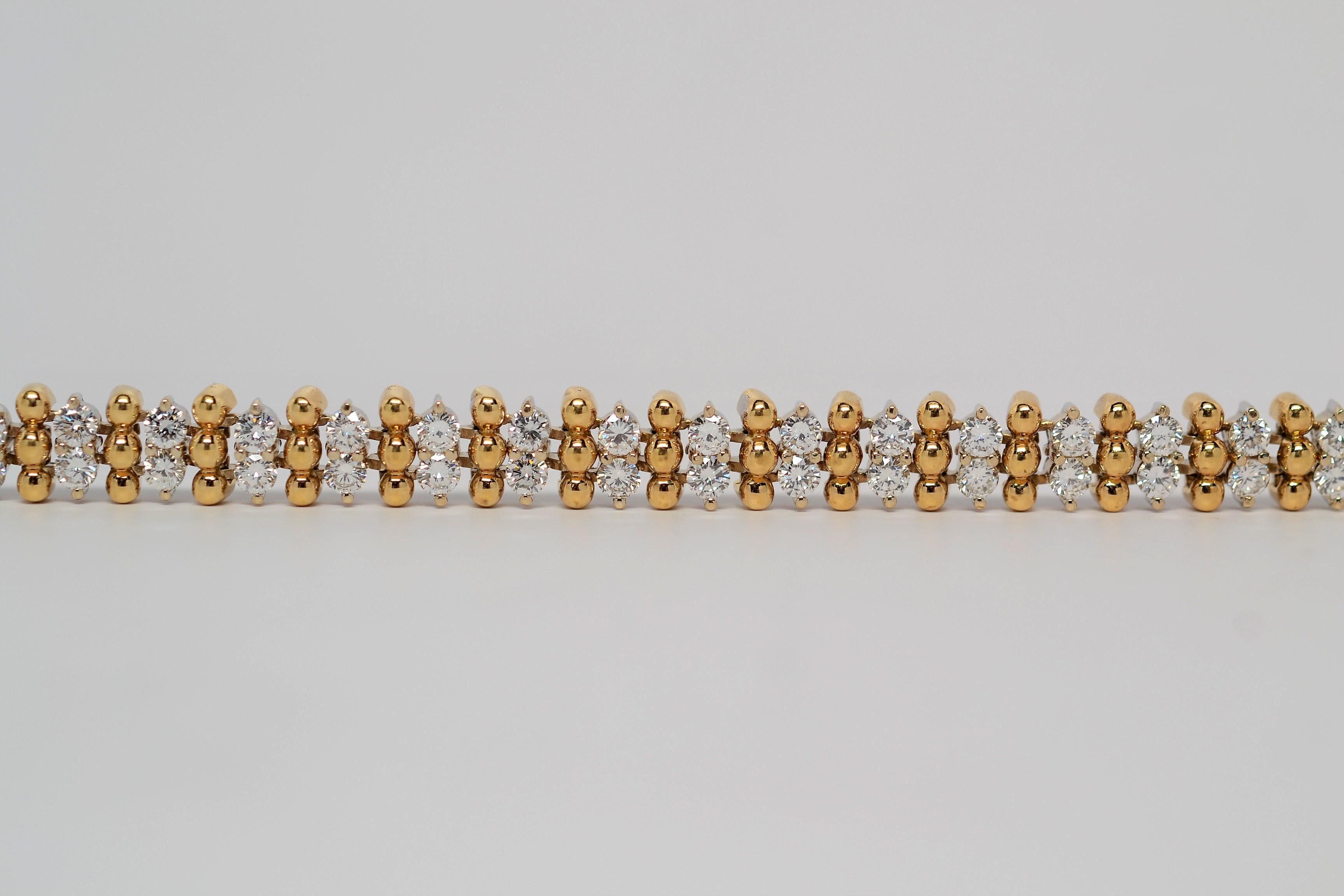 Round Cut 18K Two Tone Gold Bead Bracelet with Round Brilliant Cut Diamonds, 4.20 Carats For Sale