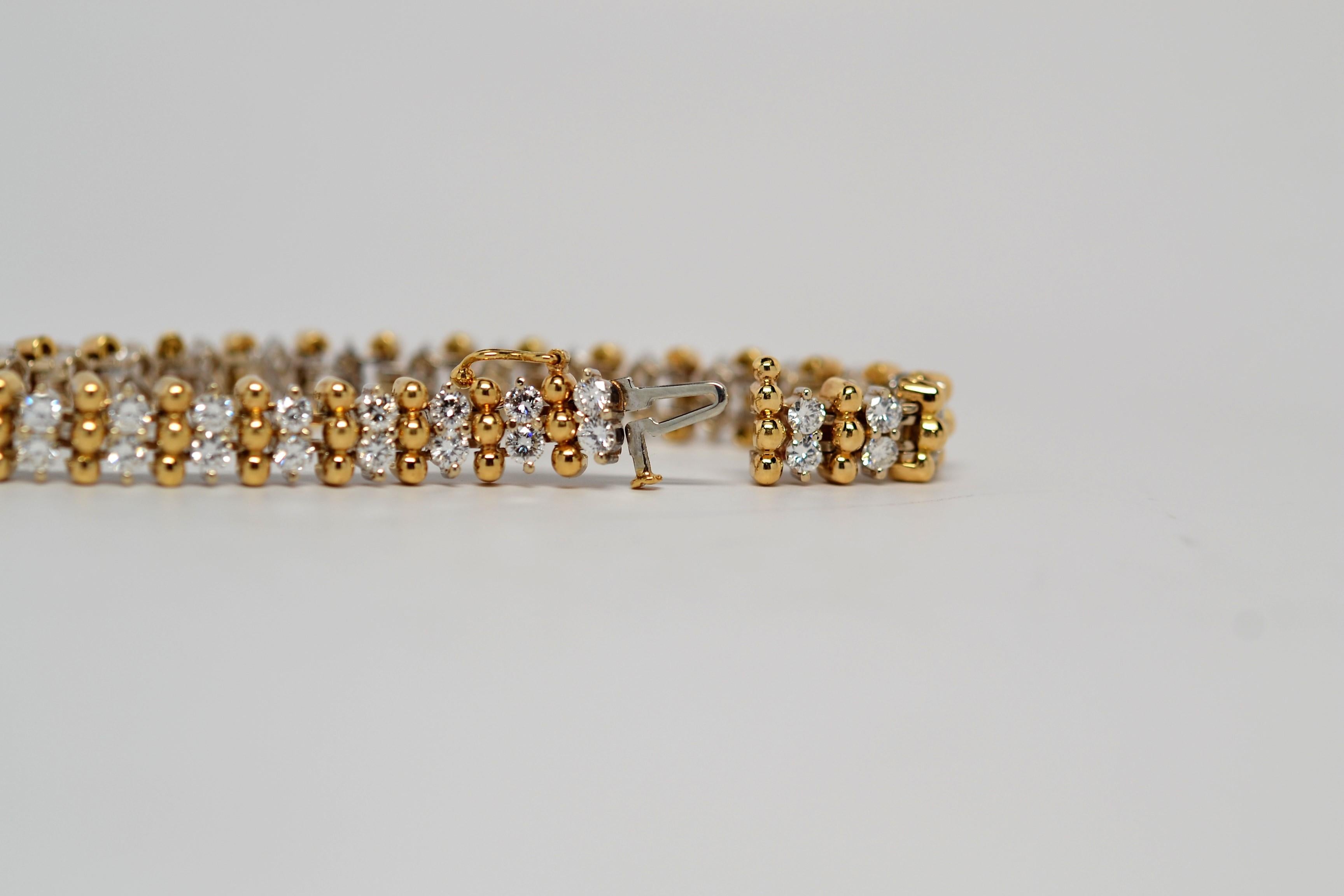 Women's 18K Two Tone Gold Bead Bracelet with Round Brilliant Cut Diamonds, 4.20 Carats For Sale