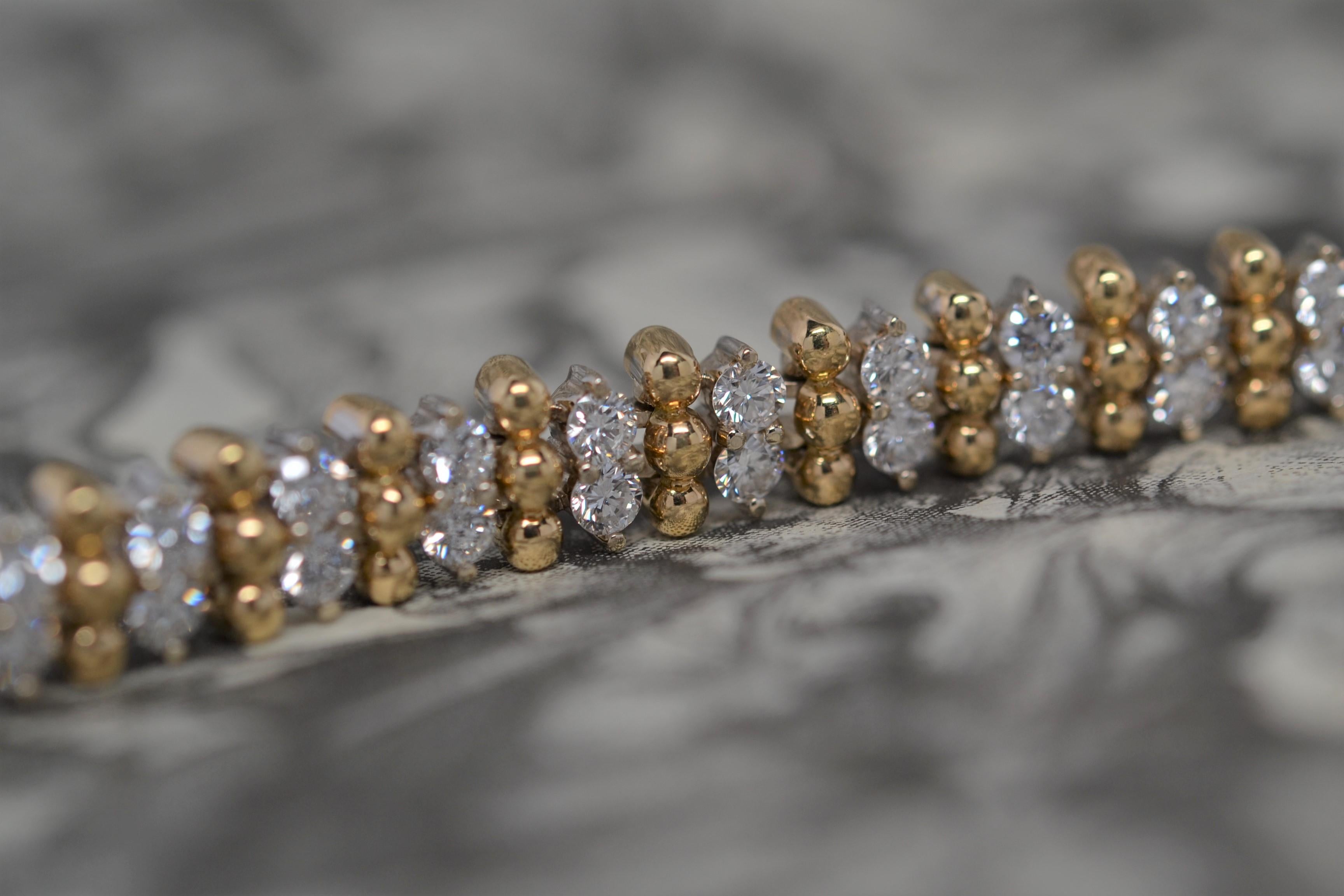 18K Two Tone Gold Bead Bracelet with Round Brilliant Cut Diamonds, 4.20 Carats For Sale 4