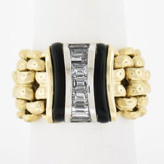 18K Two Tone Gold Black Onyx & 1ctw Diamond Flexible Link Wide Band Ring Size 7